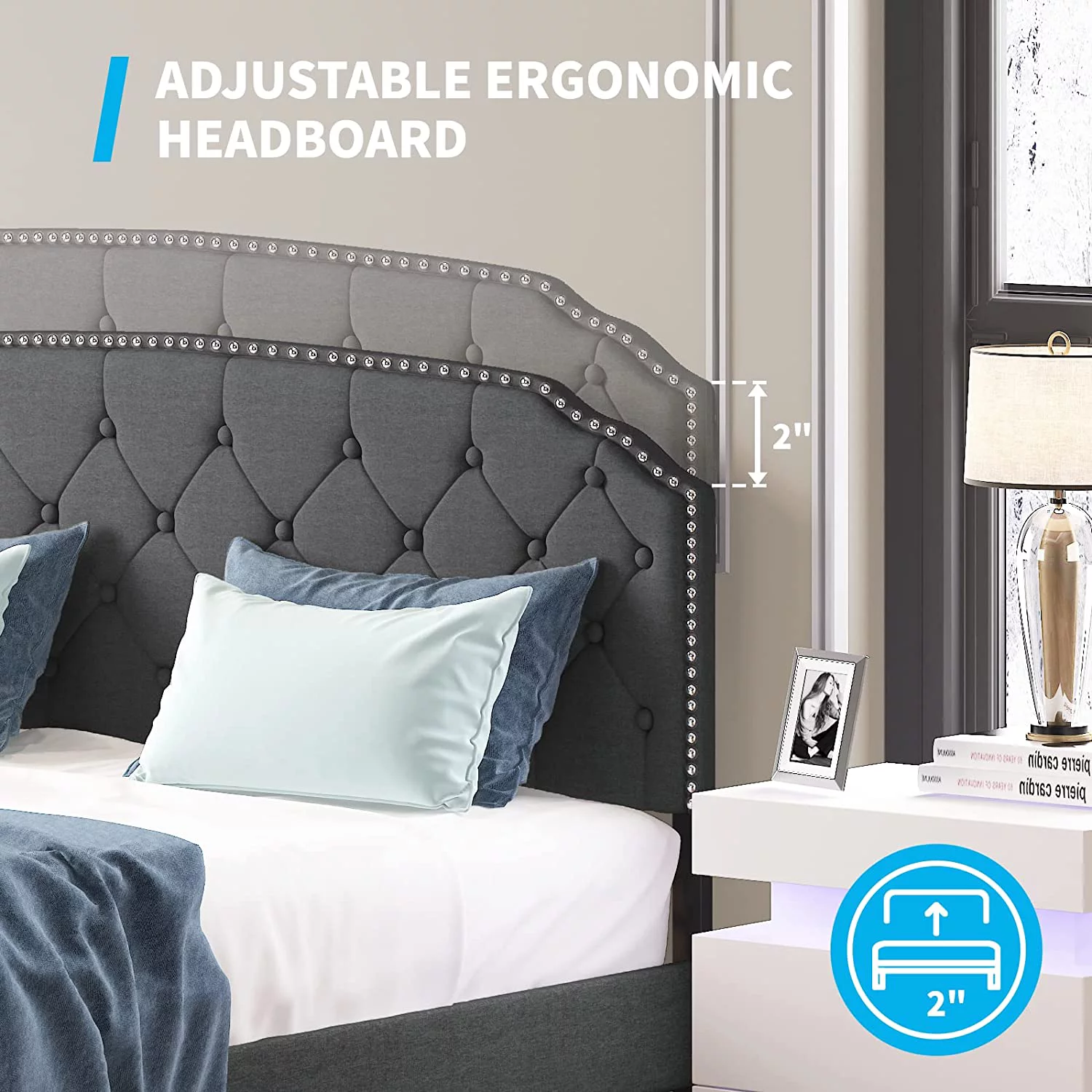 Mjkone Queen Size Platform Bed Frame with Diamond Button Tufted Upholstered Headboard,Stylish Modern Soft Bed Frame with Sturdy Wood Slat Support, No Box Spring Needed,Easy Assembly,Dark Grey