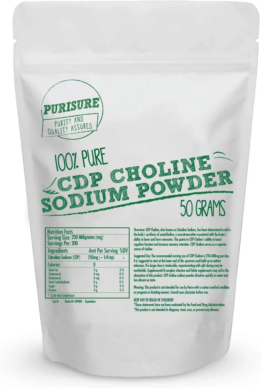 Purisure CDP Choline Powder, 50g, Brain Supplement, Reduces Mental Fatigue, 200 Uses
