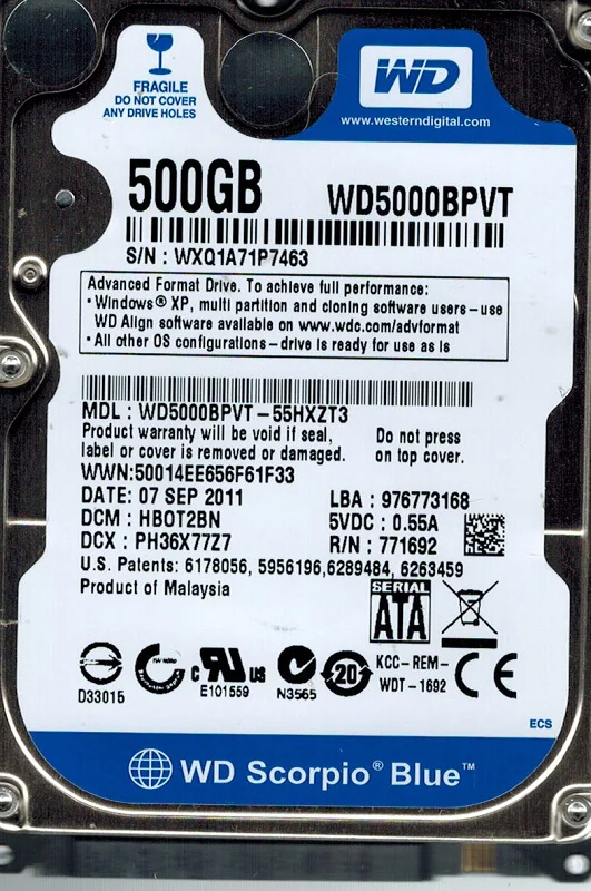 Western Digital WD5000BPVT-55HXZT3 500GB DCM: HB0T2BN
