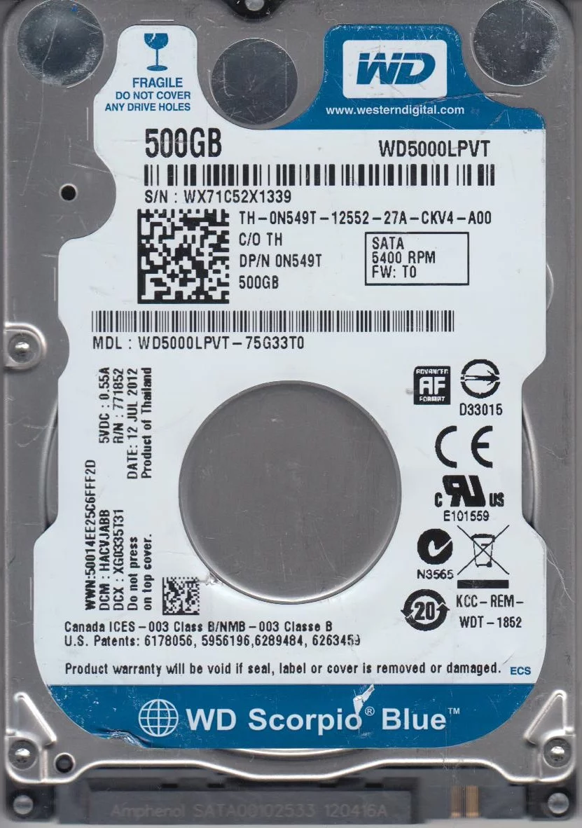 WD5000LPVT-75G33T0, DCM HACVJABB, Western Digital 500GB SATA 2.5 Hard Drive