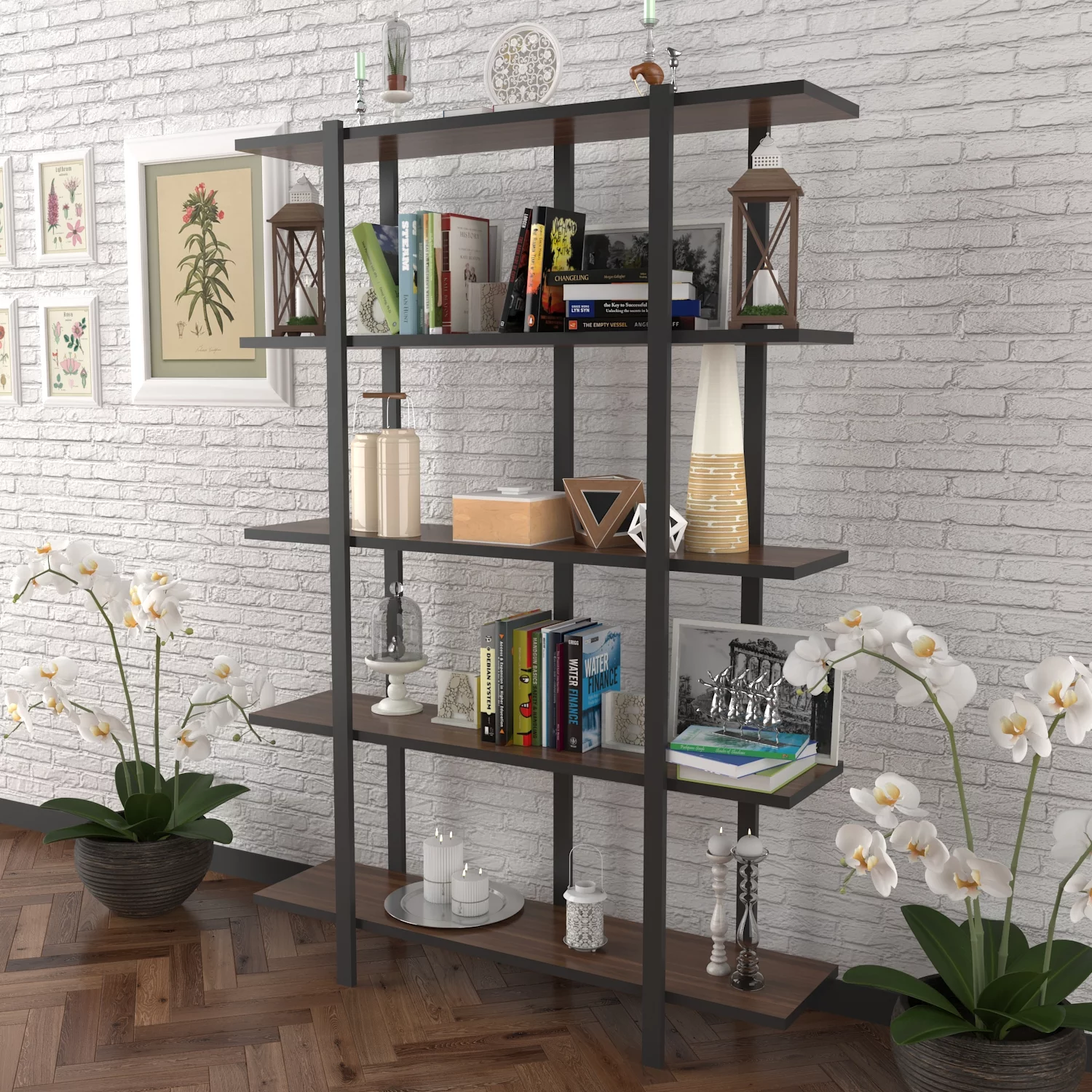 Mina 5 Tier Modern Bookshelf, Metal Frame Bookshelf for Small Spaces in your Living Rooms, Office Furniture Bookcase, Walnut