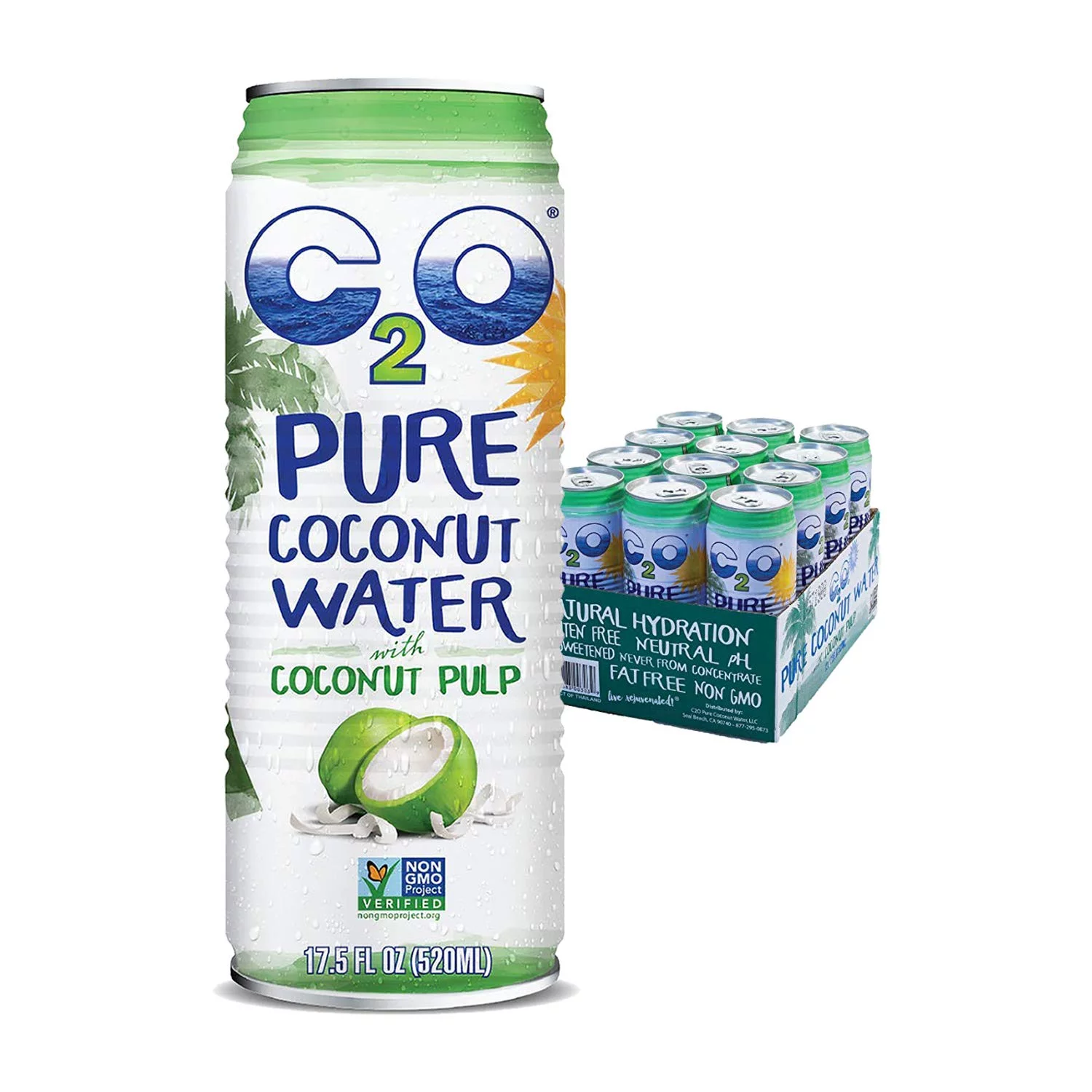 C2O Pure Coconut Water with Pulp | Plant Based | Non-GMO | No Added Sugar | Essential Electrolytes | 17.5 FL OZ (Pack of 12)