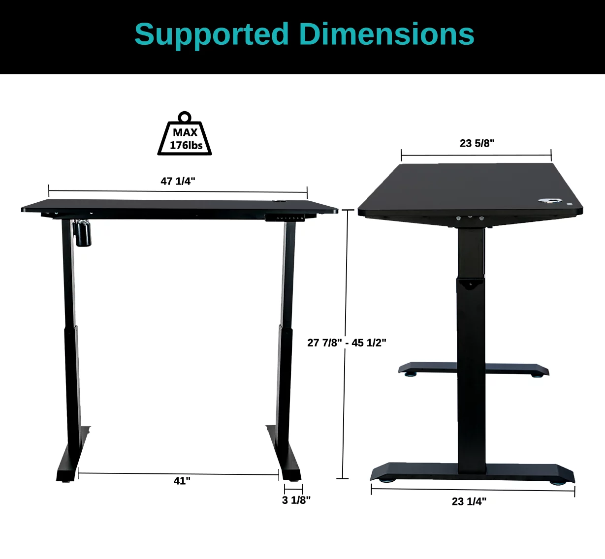 ErgoMax Electric Height Adjustable Single Motor, Desk Frame with Tabletop, 45.25 Inch Max Height, Black
