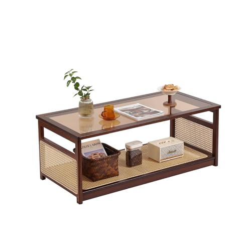 Welnow Rattan Coffee Table for Living Room, Modern 2-Tier Rectangle Center Table with Storage Shelf and Glass Top, Mid-Century Boho Furniture for Apartment, 47.5