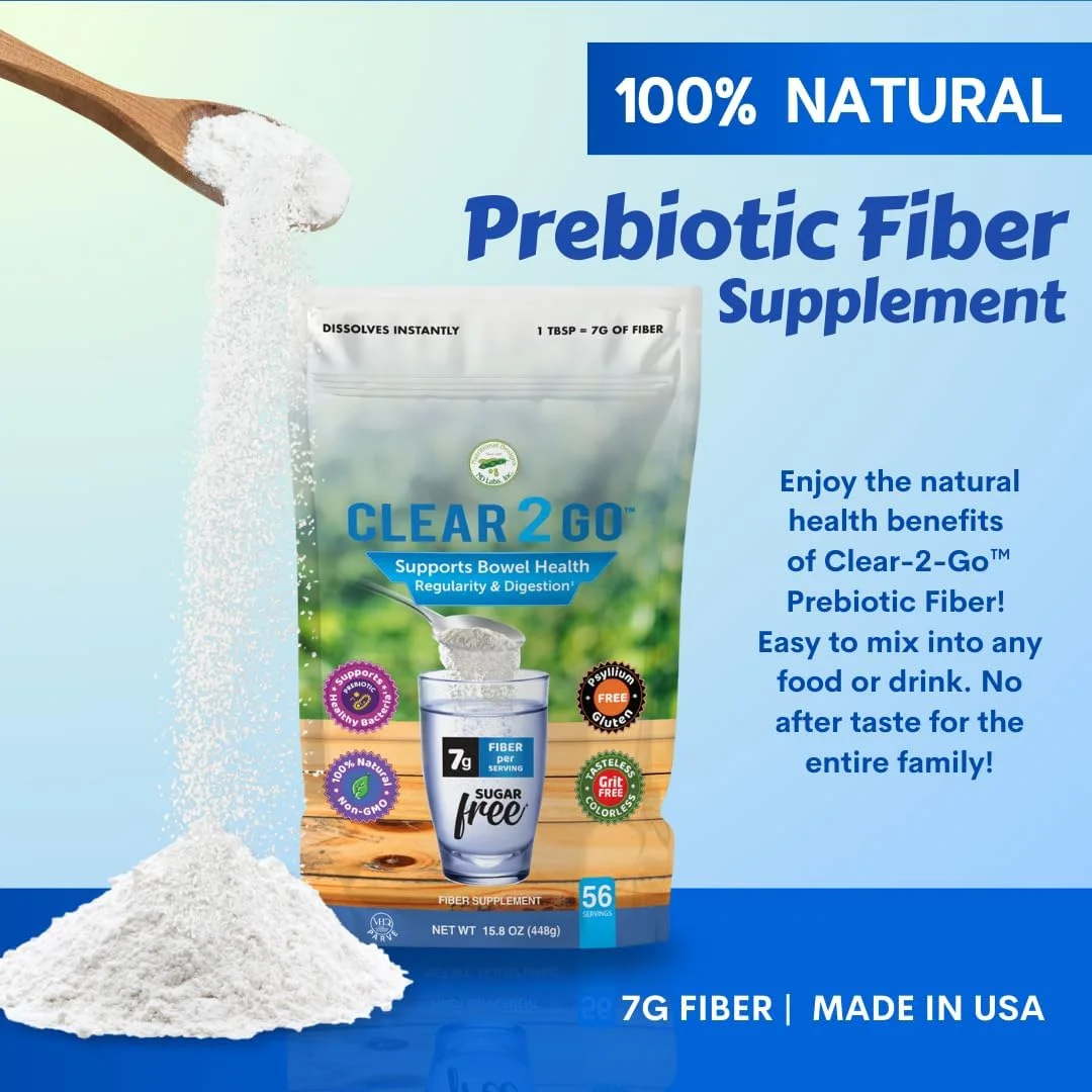 Clear 2 Go Support Bowel Health Regularity & Digestion. Fiber Supplement by Nutritional Designs No Flavor Sugar Free, 15.8 oz