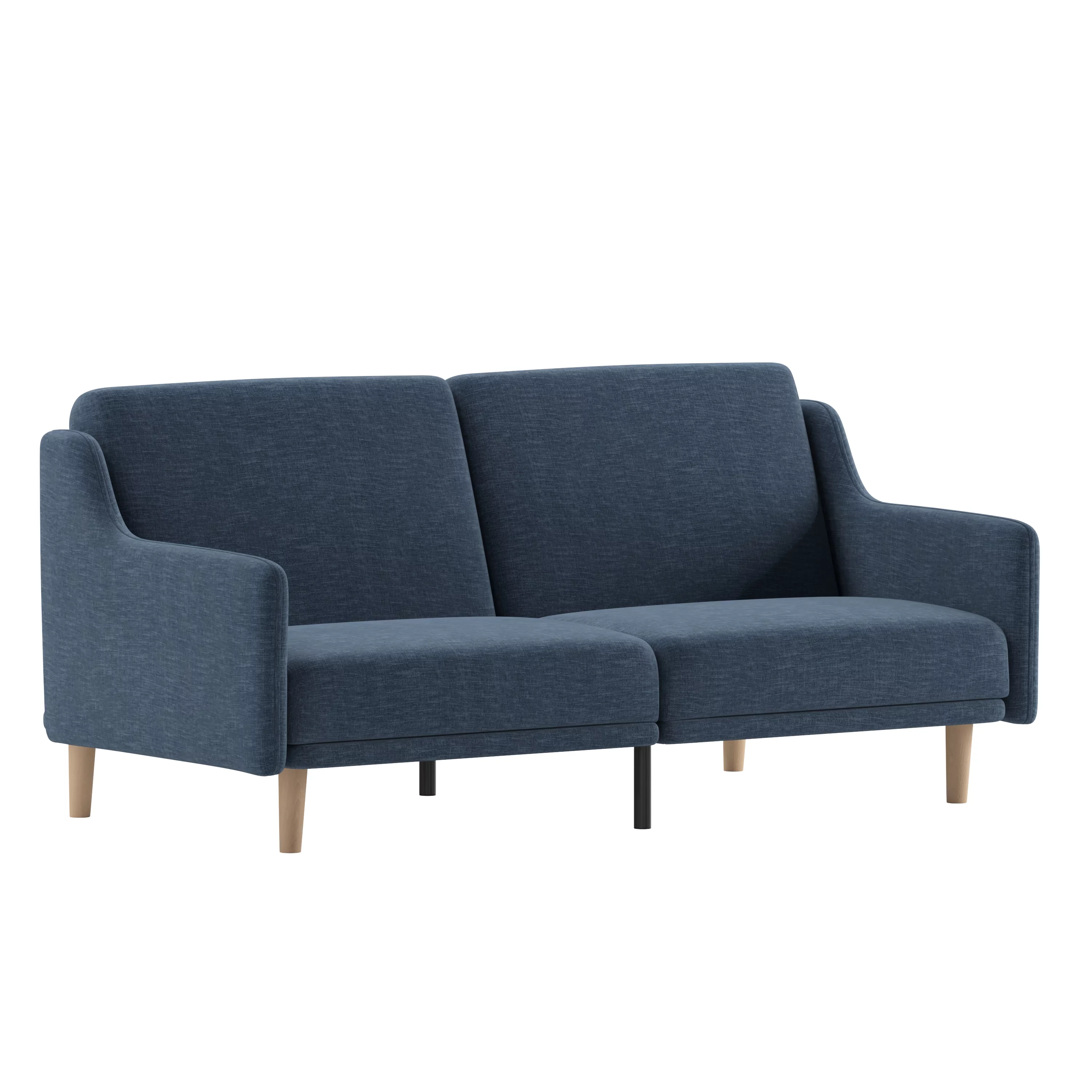 Emma + Oliver Plush Padded Faux Linen Upholstered Split Back Sofa Futon with Smooth Curved Removable Arms and Wooden Legs in Navy
