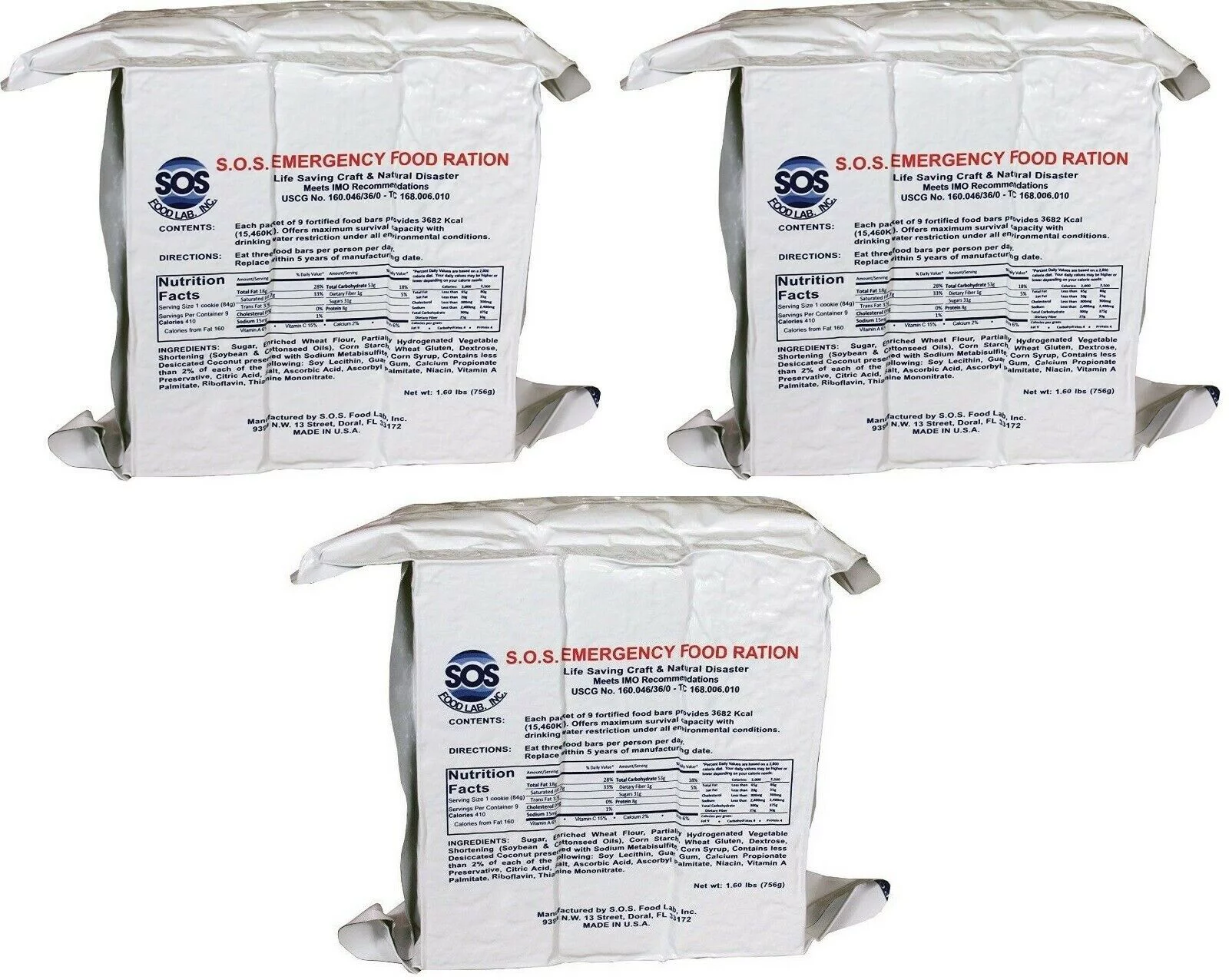 (3)SOS Rations EMERGENCY Earthquake 3600 Calorie Food Bar Survival 3 Day 72 Hour