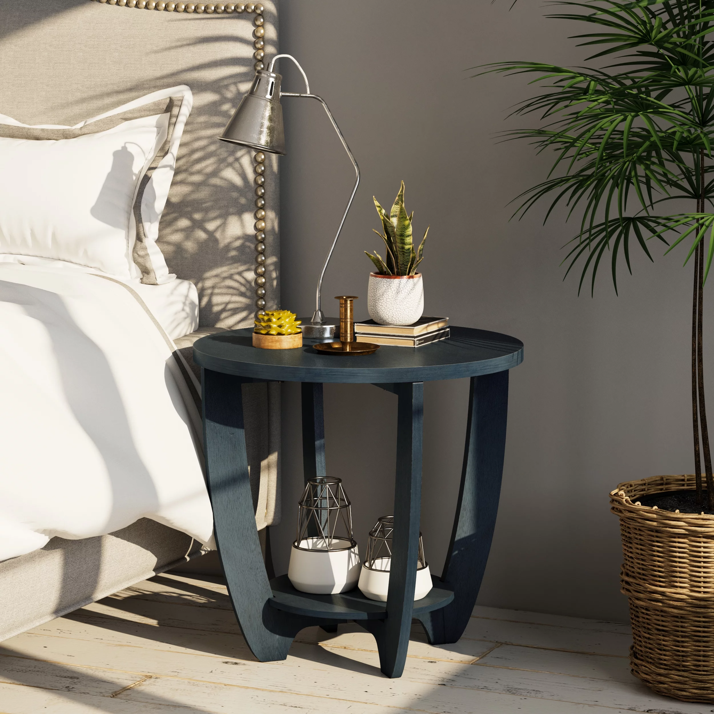 COZAYH Rustic Farmhouse End Table with Storage Shelf, French Country Accent Side Table, Round