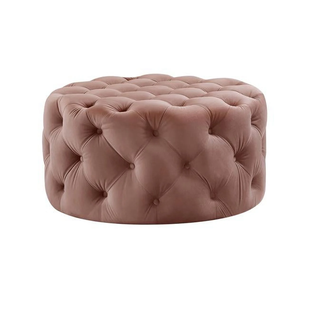 HomeRoots 490621 17 x 33 x 33 in. Blush Velvet & Black Rolling Tufted Round Cocktail Ottoman