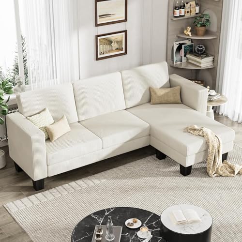 YESHOMY L-Shaped Convertible Sectional Sofa 3 Seater with Corduroy Fabric, Complete with Mobile Footrest, for Living Room, Apartment and Office, 70