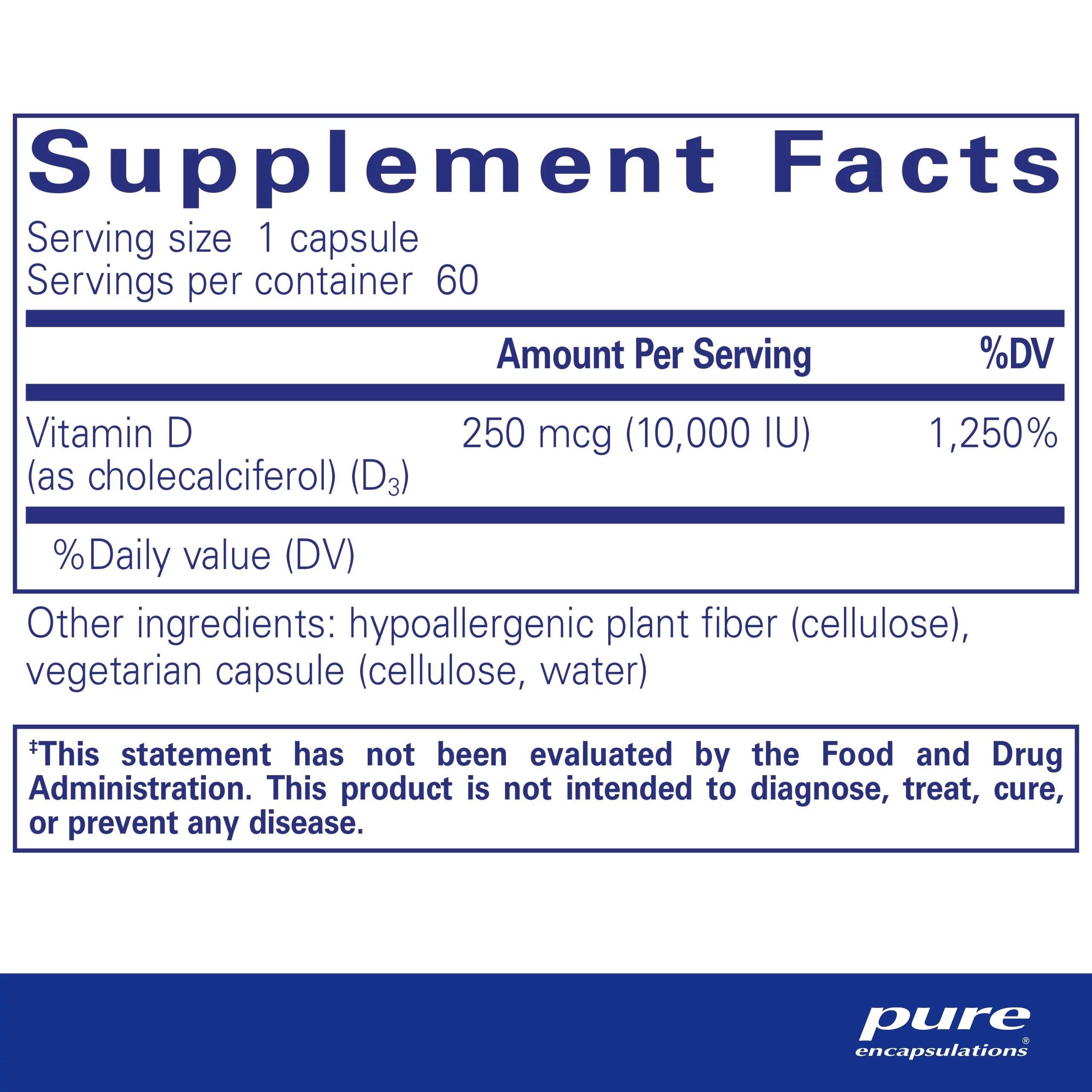 Pure Encapsulations Vitamin D3 250 mcg (10,000 IU) | Supplement to Support Bone, Joint, Breast, Prostate, Heart, Colon and Immune Health* | 60 Capsules