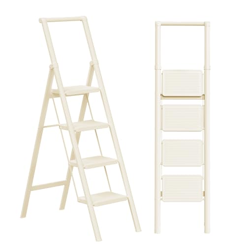 GameGem 2 Step Ladder Portable Folding Step Stool with Anti-Slip Pedal, Lightweight Stepladder Multi-Use for Home and Kitchen, Saving Space, White, 300lbs