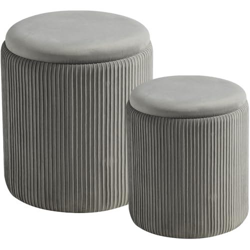 Round Set of 2 Ottoman with Storage-Upholstered Velvet Vanity Stool for Makeup Multifunctional Ottomans Coffee Table Padded Seat Foot Rest for Living Room&Bedroom（White）
