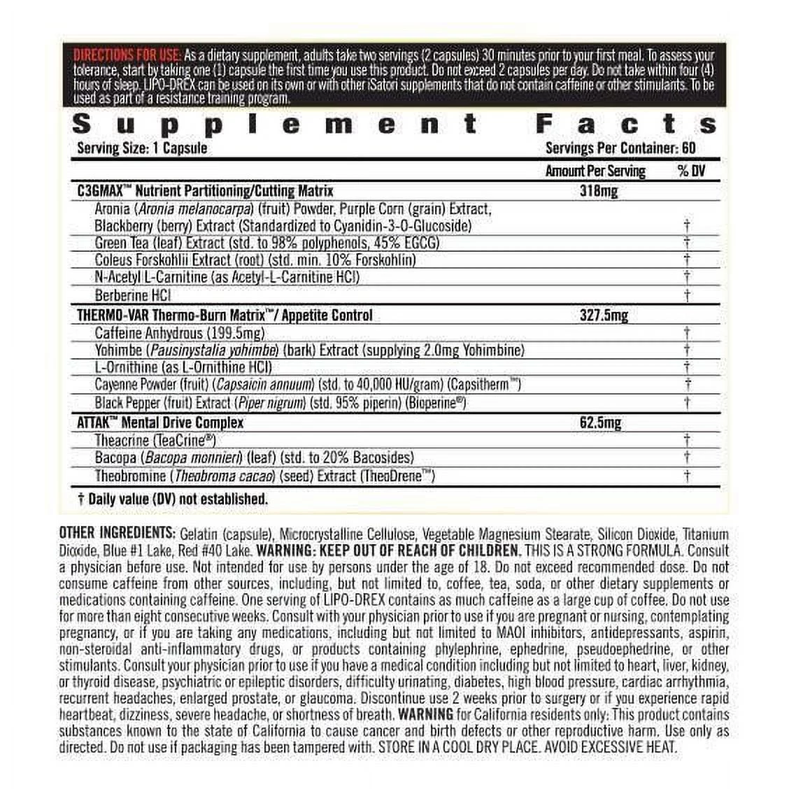 iSatori | Lipo-Drex - Fat Loss Thermogenic Formula, Focus Blend, Fast-Acting Total Body Fat Burner, Weight Loss, Muscle Maintenance, Appetite Suppressant, for Men and Women | 60 Capsules