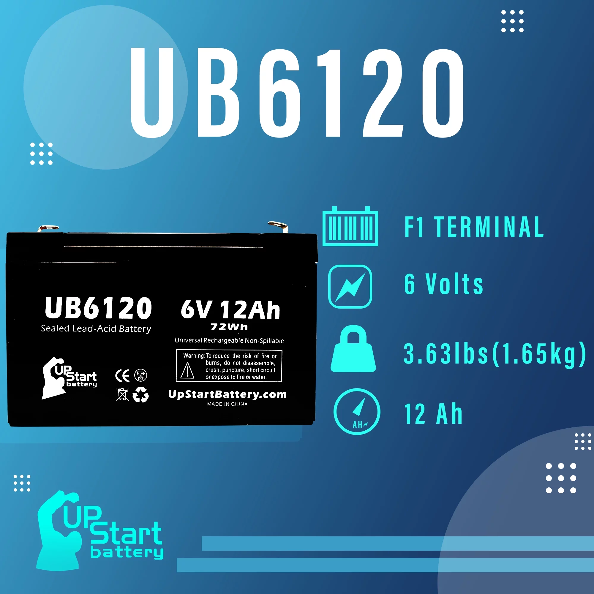 Compatible W. W. GRAINGER 5VC14 Battery - Replacement UB6120 Universal Sealed Lead Acid Battery (6V, 12Ah, 12000mAh, F1 Terminal, AGM, SLA) - Includes TWO F1 to F2 Terminal Adapters