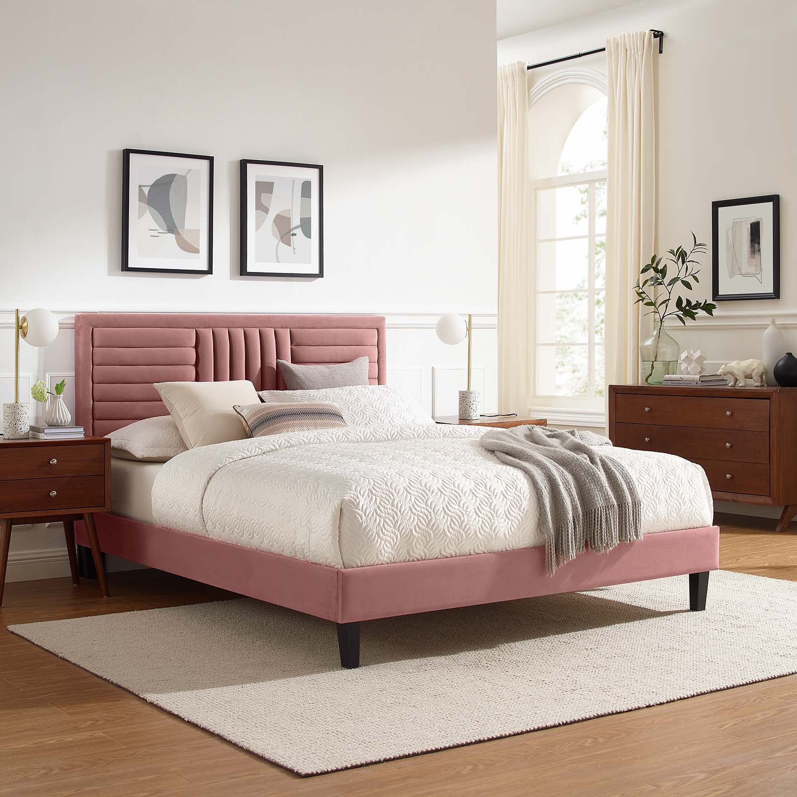 Modway Sofia Channel Tufted Performance Velvet King Platform Bed in Dusty Rose
