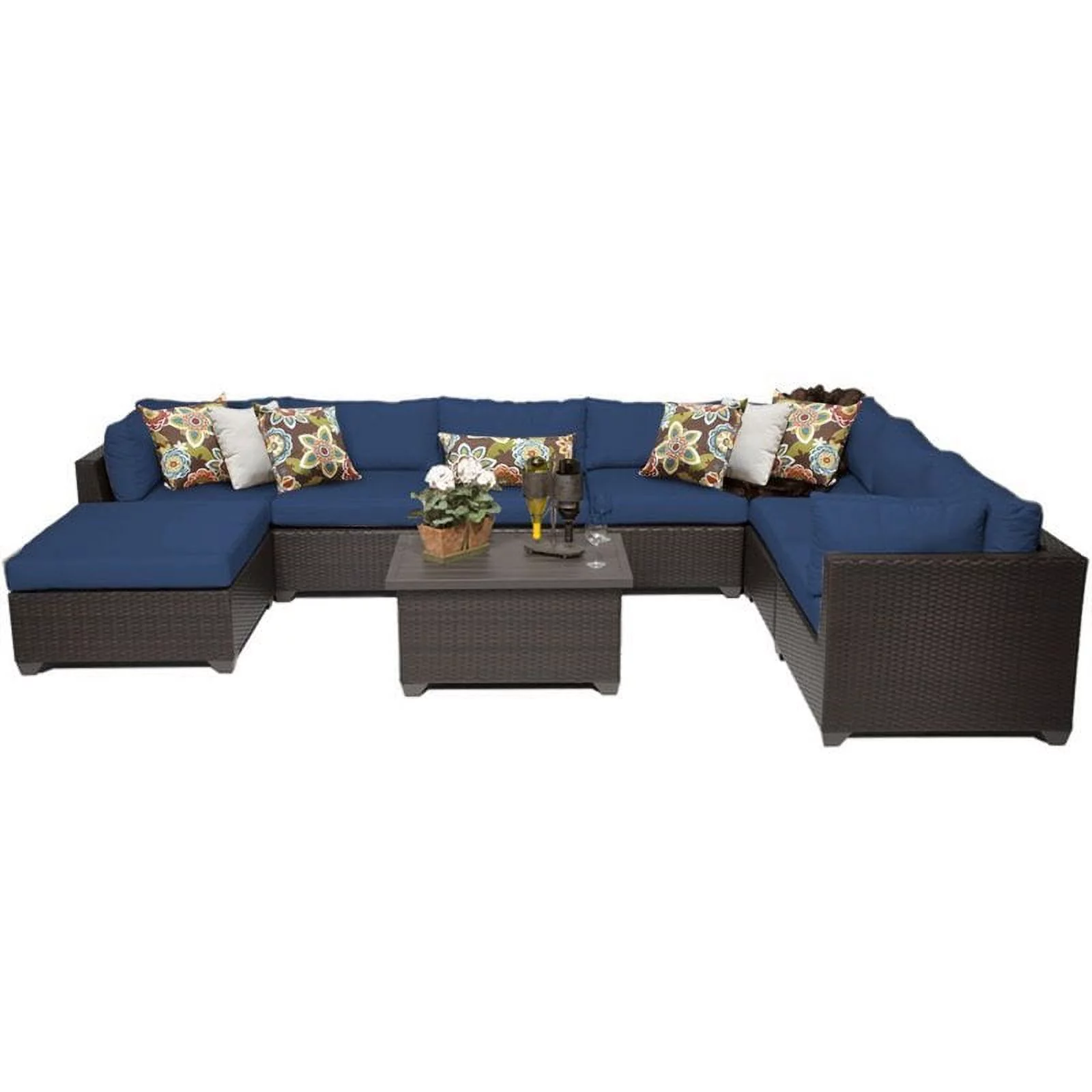 Bowery Hill 9 Piece Patio Wicker Sectional Set in Navy
