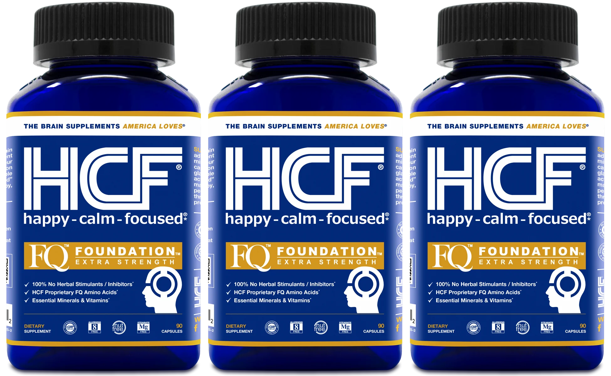 HCF Happy, Calm & Focused - Brain Focus, Attention, Concentration & Mood Supplement (3-Pack) - FQ Foundation Amino Acids, Vitamins & Minerals - 100% No Herbal Stimulants - Non-GMO Project Verified