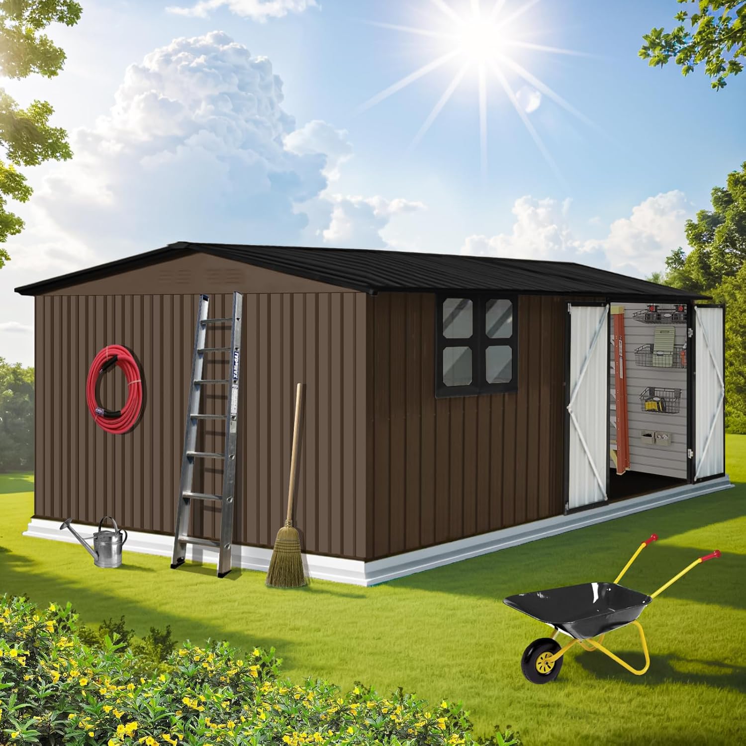 UBGO 12x10 FT Outdoor Storage Shed Clearance, Large Shed House,Metal Garden Shed with Updated Frame Structure Windows and Lockable Doors, Tool Sheds for Backyard Garden Patio Lawn,-Brown