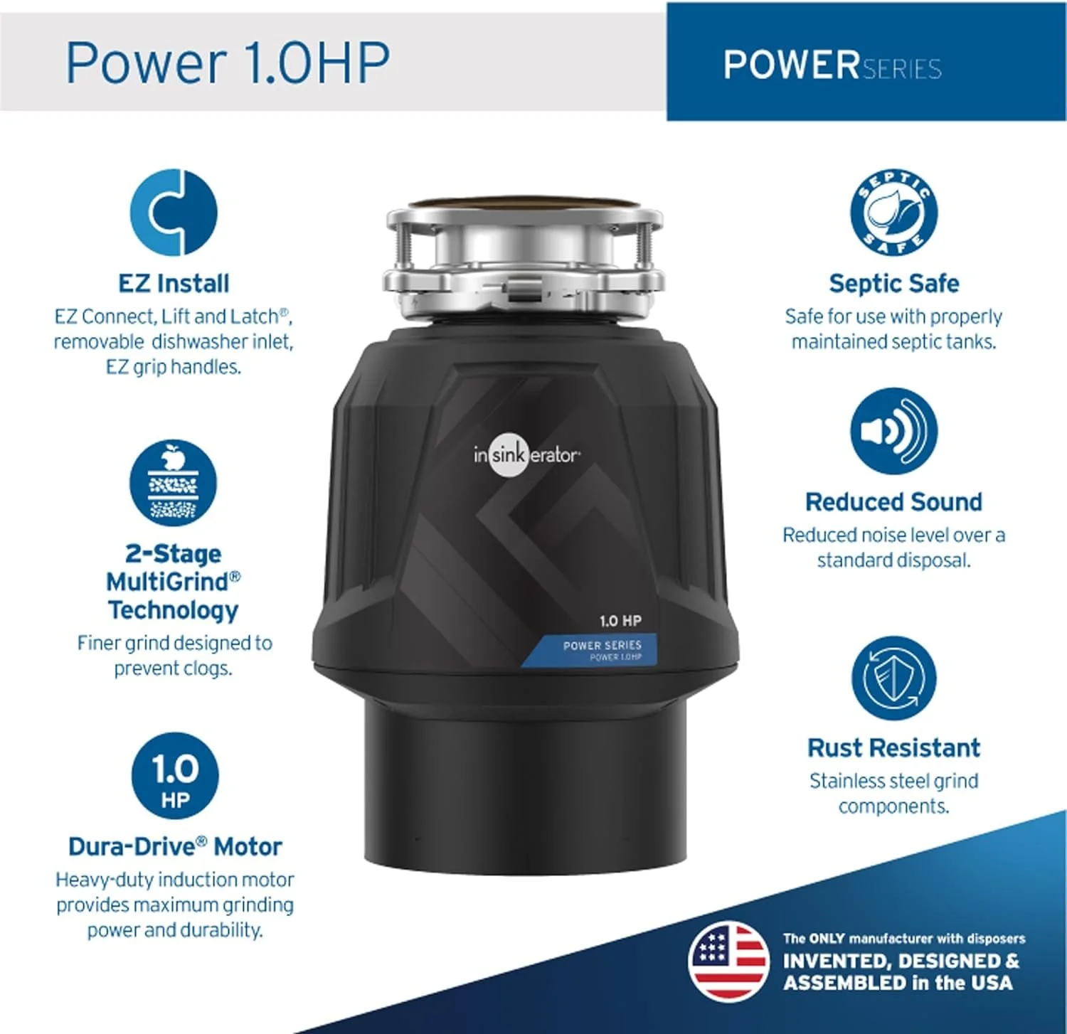 InSinkErator Power 1HP, 1 HP Garbage Disposal, Power Series EZ Connect Continuous Feed Food Waste Disposer