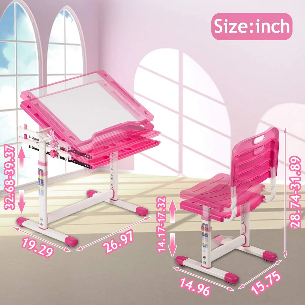 Kids Desk and Chair Set Adjustable Height Ergonomic Children's Table with Storage Drawer Kids Study Homework Desk Table for 3-10 Kids (Pink)