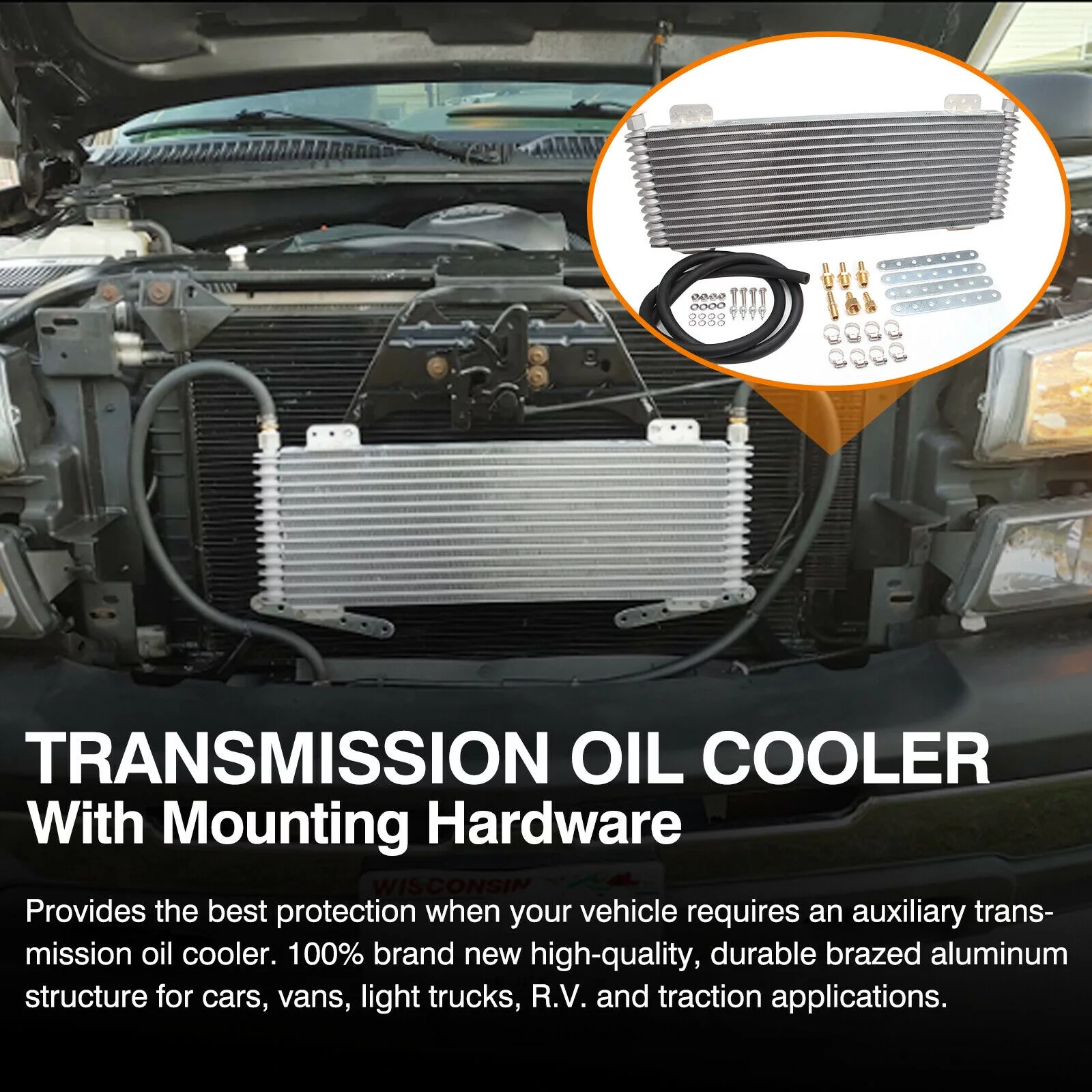 Transmission Oil Cooler with Mounting Hardware 40,000 GVW Low Pressure Drop LPD47391 - Silver