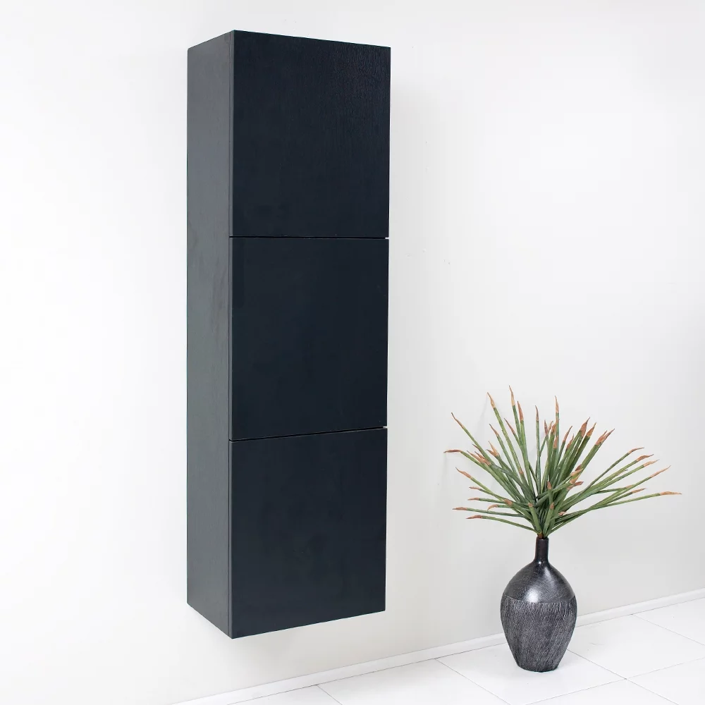 Fresca Black Bathroom Linen Side Cabinet with 3 Large Storage Areas