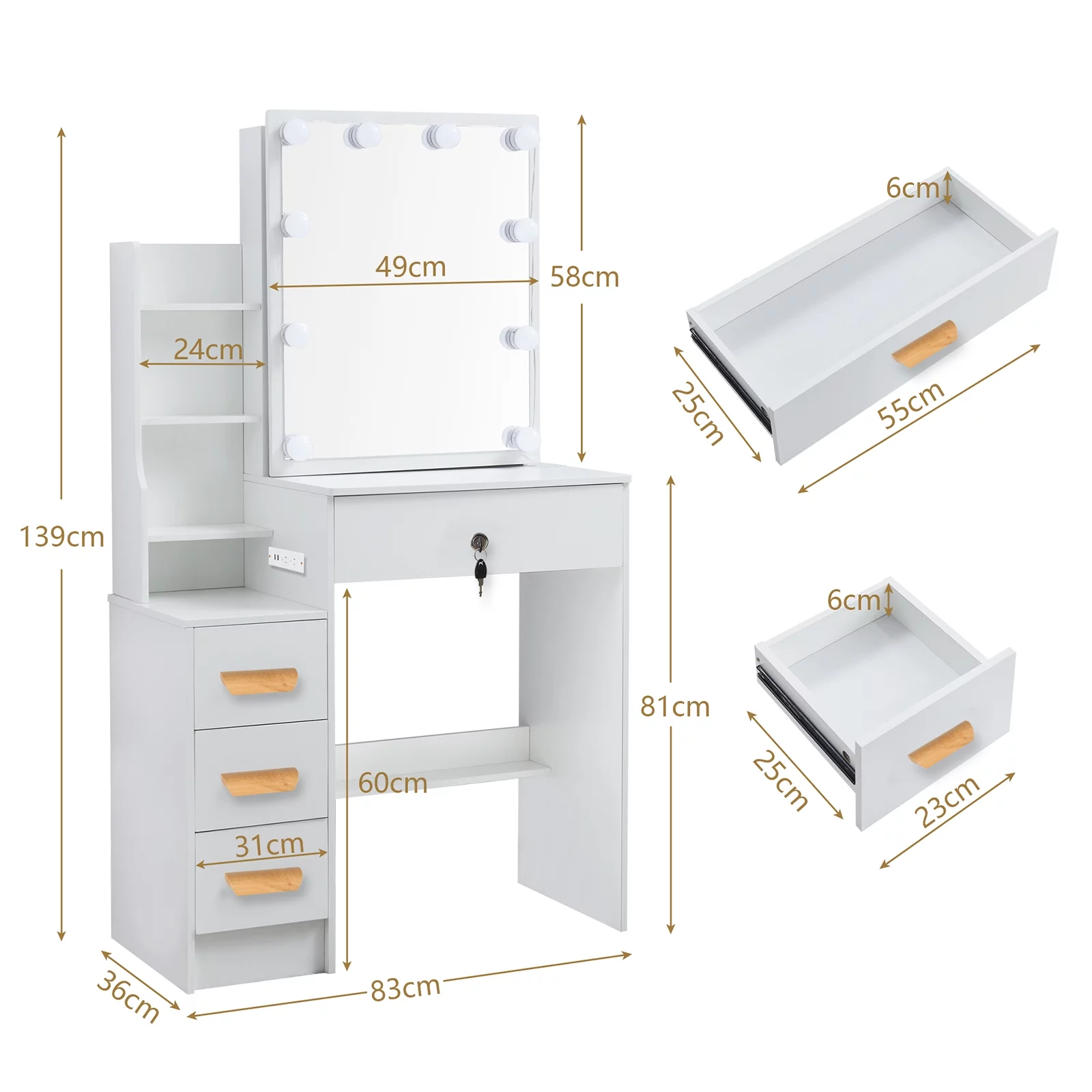 JBLCC Makeup Vanity Desk with Mirror and Lights W/ USB Charging Port Bedroom Dresser with Stool, White