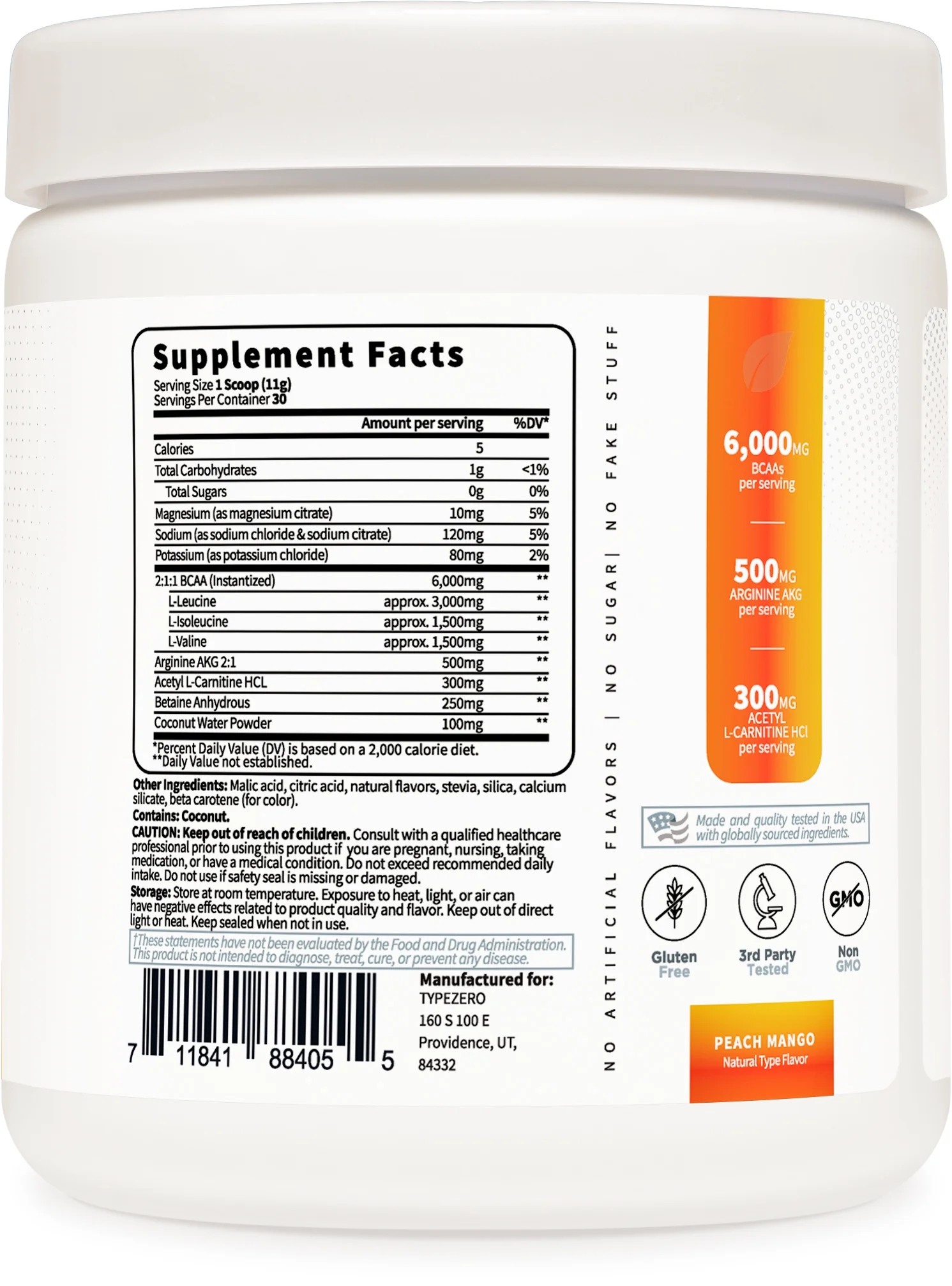 Type Zero Clean Vegan BCAA Powder + Electrolytes (Peach Mango) (30 Servings) - Sugar-Free Amino Acid Supplement for Women and Men - Post Workout Recovery Drink with Stevia
