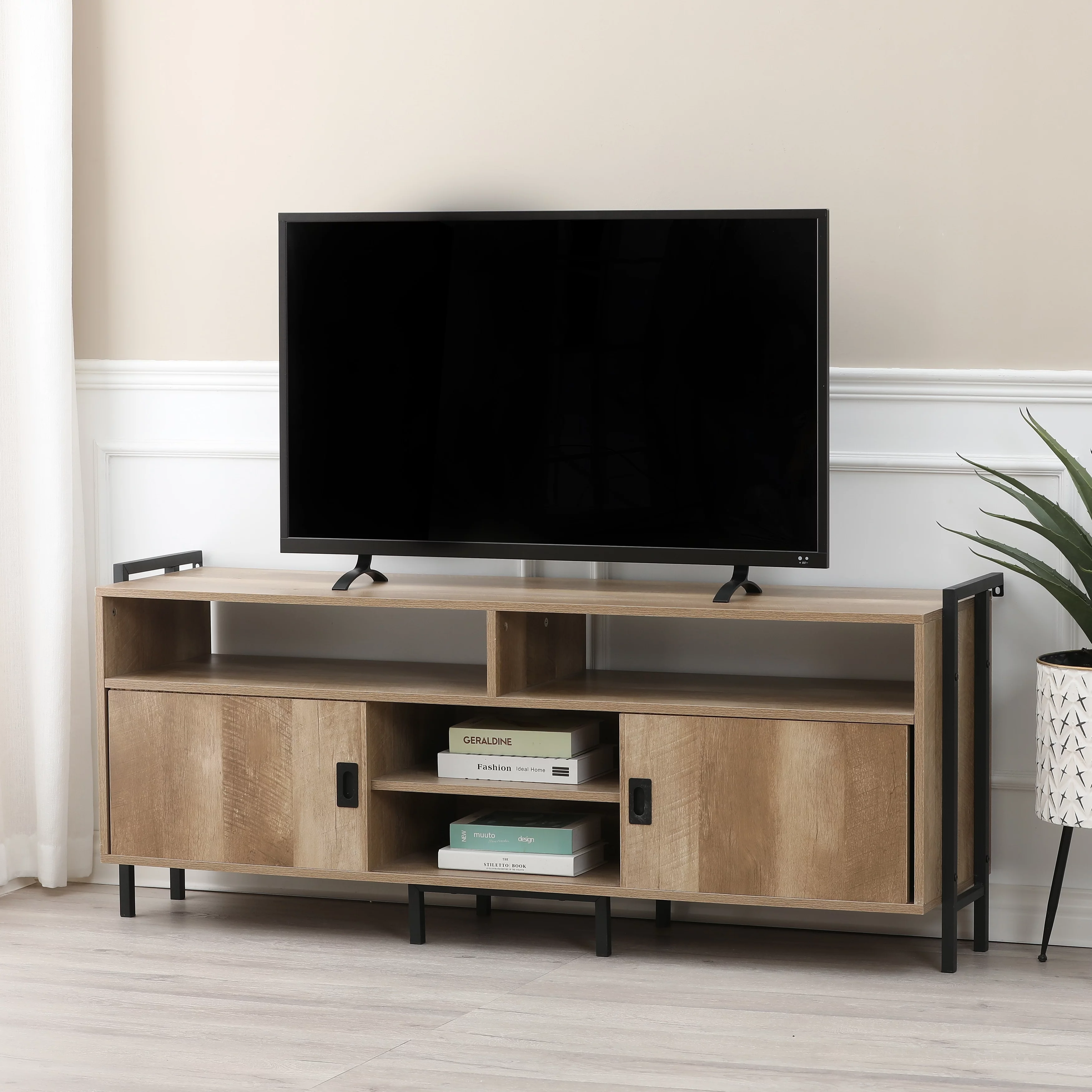 LuxenHome Light Oak Finish TV Stand for TVs Up To 60-Inch