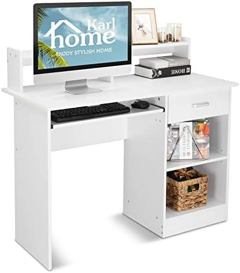 Computer Desk Study Writing Desk  Wooden  Office Workstation PC Laptop Table with Drawer Shelf Keyboard Tray  White