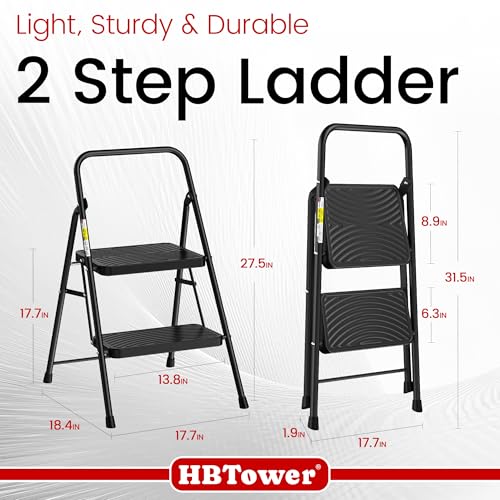 HBtower 2 Step Ladder, Step Stool with Wide Anti-Slip Pedal, Step Ladder Folding Step Stool for Adults, Lightweight Steel Portable ladders for Home Kitchen