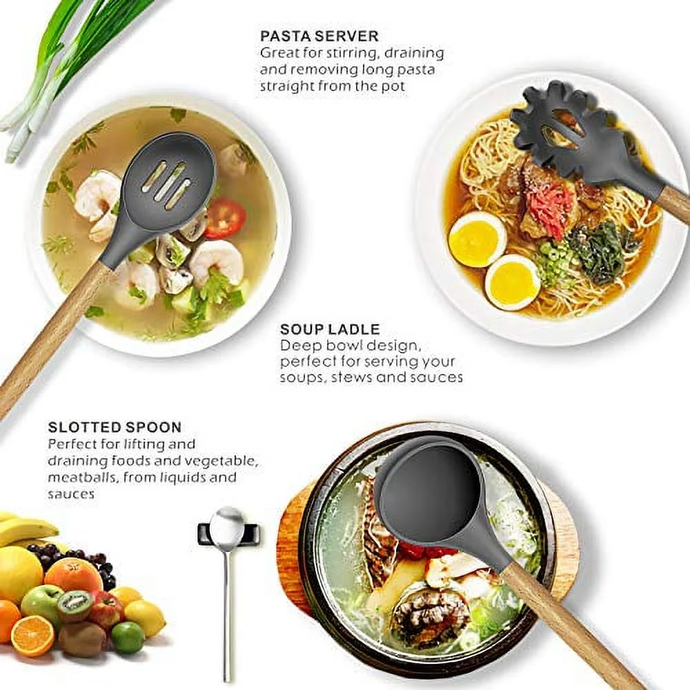 14 Pcs Silicone Cooking Utensils Kitchen Utensil Set - 446F Heat Resistant,Turner Tongs,Spatula,Spoon,Brush,Whisk. Wooden Handles Gray Kitchen Gadgets Tools Set for Nonstick Cookware (BPA Free)