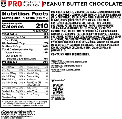 Muscle Milk Pro Advanced Nutrition Protein Shake, Knockout Chocolate, 14 Fl Oz Bottle, 12 Pack, 40g Protein, 1g Sugar, 16 Vitamins & Minerals, 6g Fiber, Workout Recovery, Packaging May Vary