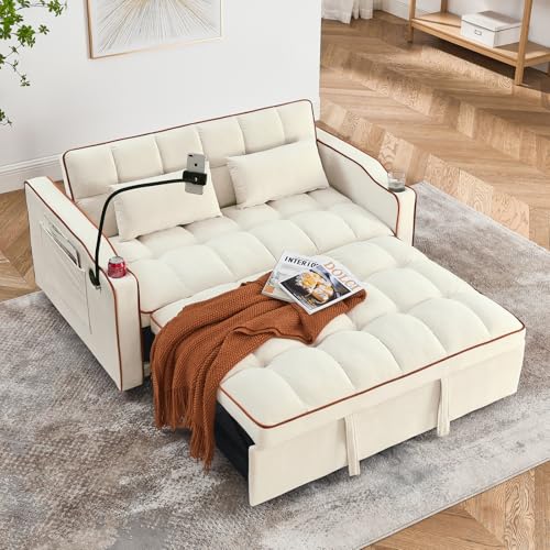 WIIS' IDEA Convertible Sofa Bed,3 in 1 Velvet Sleeper Sofa Pull-Out Bed,55'' Loveseat Sleeper Sofa Bed with Adjustable Backrest with 2 Pillows and Storage Bag & USB Port and Swivel Phone Stand,Gray
