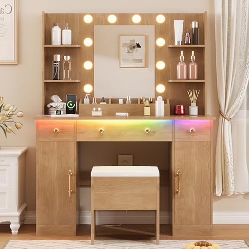 Vanity Desk with Mirror and Lights, Makeup Vanity with Charging Station & Vanity Stool, 3 Drawers and Cabinets White Vanity Mirror with RGB LED Lights Vanity Desk and Chair for Women
