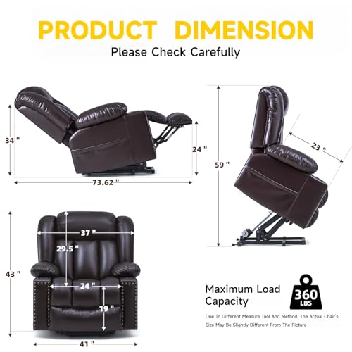 Large Power Lift Chairs Recliners for Elderly with Heated and Massage, Overstuffed Adjustable Lift Chairs, 3 Positions, Breathable Leather, USB-A and USB-C, Cup Holder, Side Pocket Dark Brown