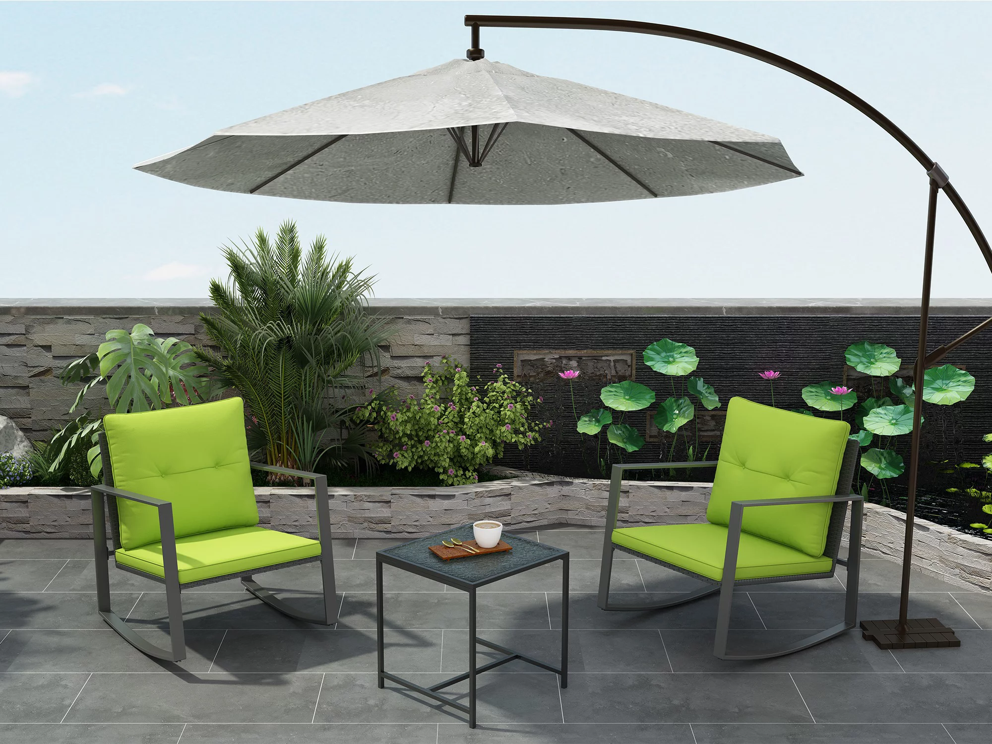 Layla 3-Piece Outdoor Cafe Bistro Furniture Set -2 Moton Chairs And A Glass Table - Green