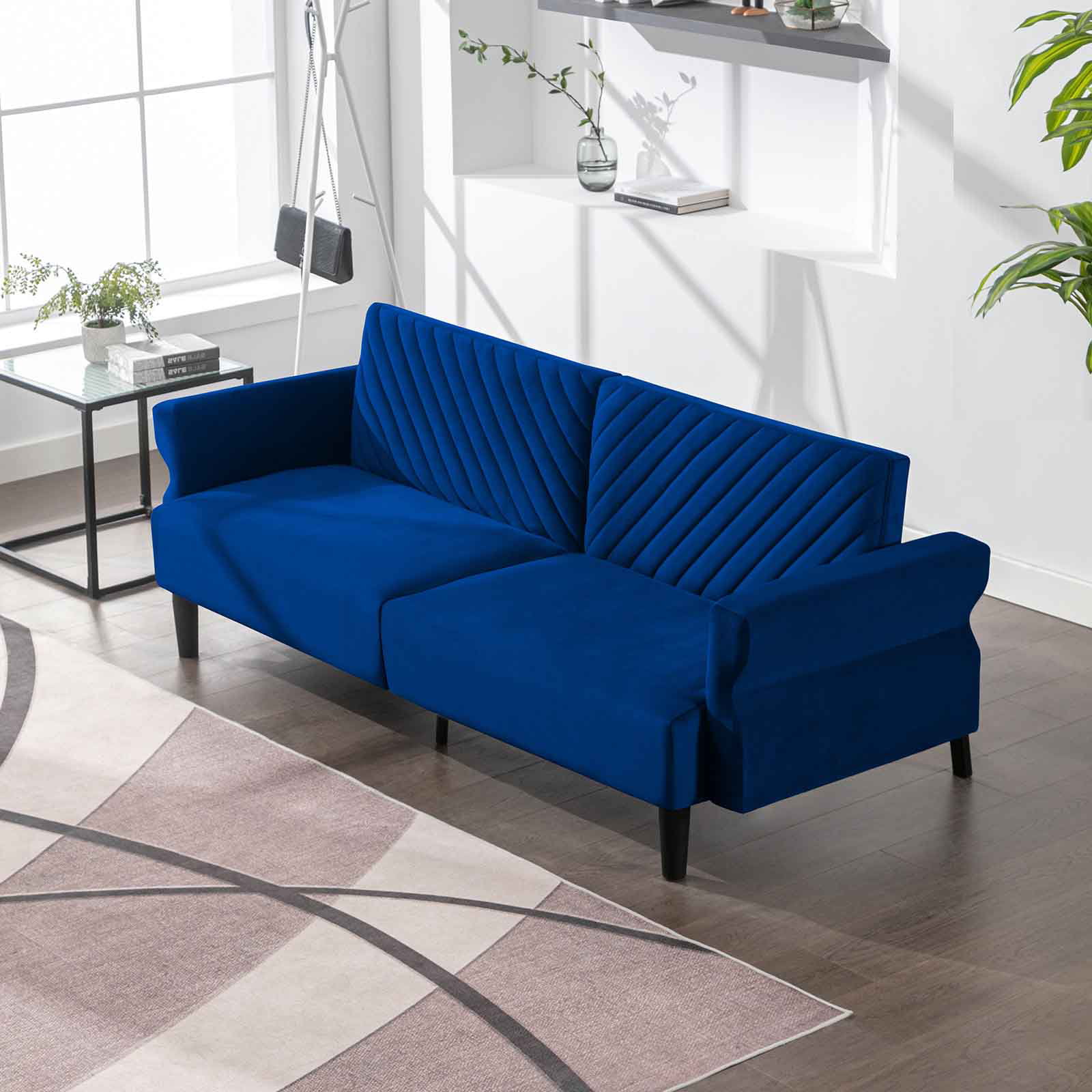 CECER Convertible Futon Sofa Bed | Modern Loveseat | Folding Upholstered Sleeper Sofa with Adjustable Backrest & Armrest,Blue