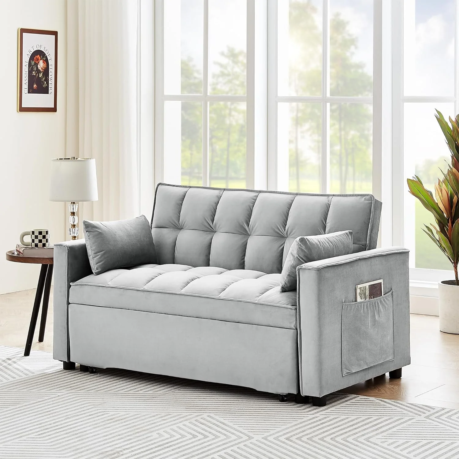 Moder Velve Coverible Sleeper Sofa Bed, 3-I-1 Muli-Fucioal Sleeper Couch Pull-Ou Bed, Lovesea Chaise Louge W/Adjusable Backres For Livig Room, Small Space