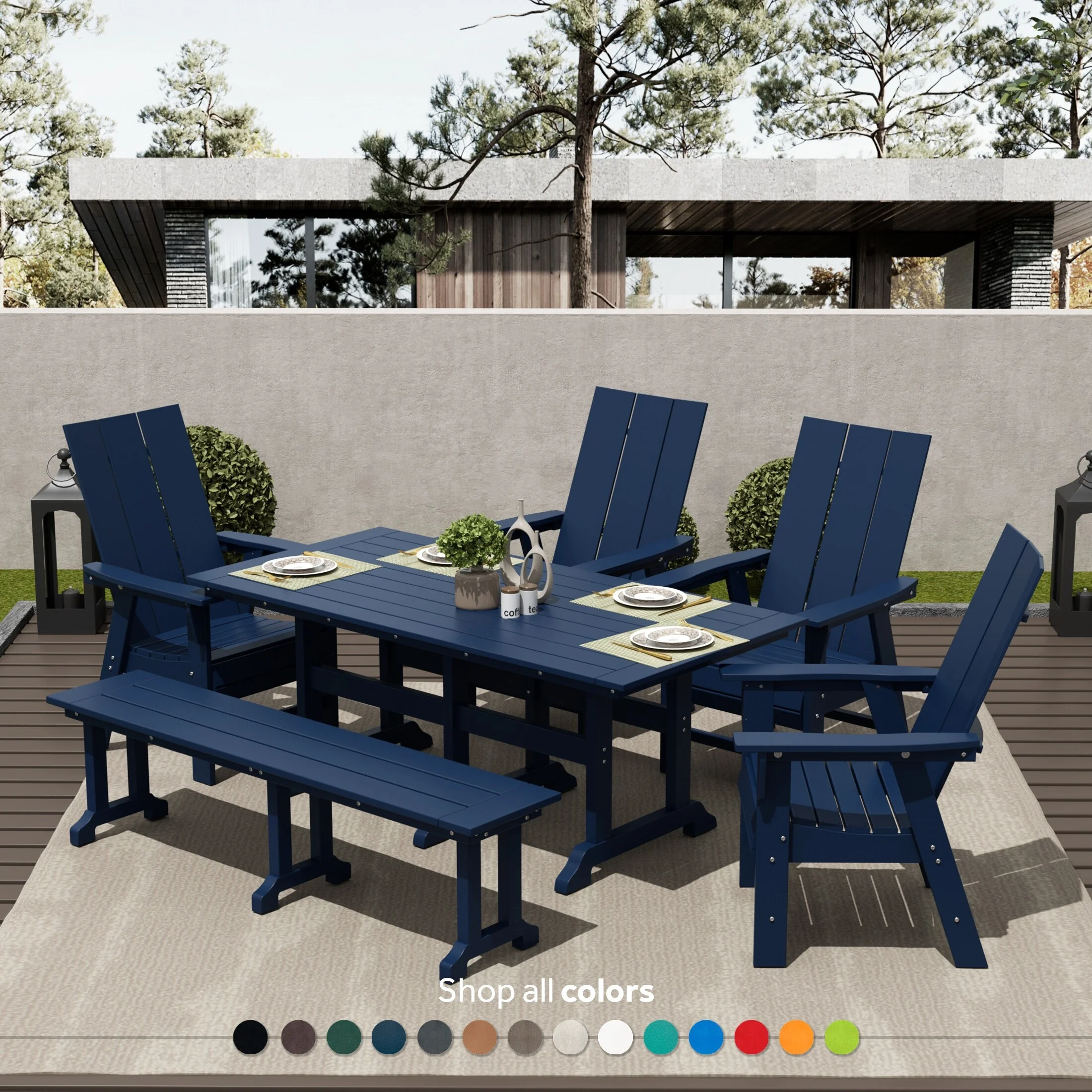 Polytrends Shoreside 6-Piece Rectangular Poly Eco-Friendly All Weather Outdoor Dining Set with Bench Teak