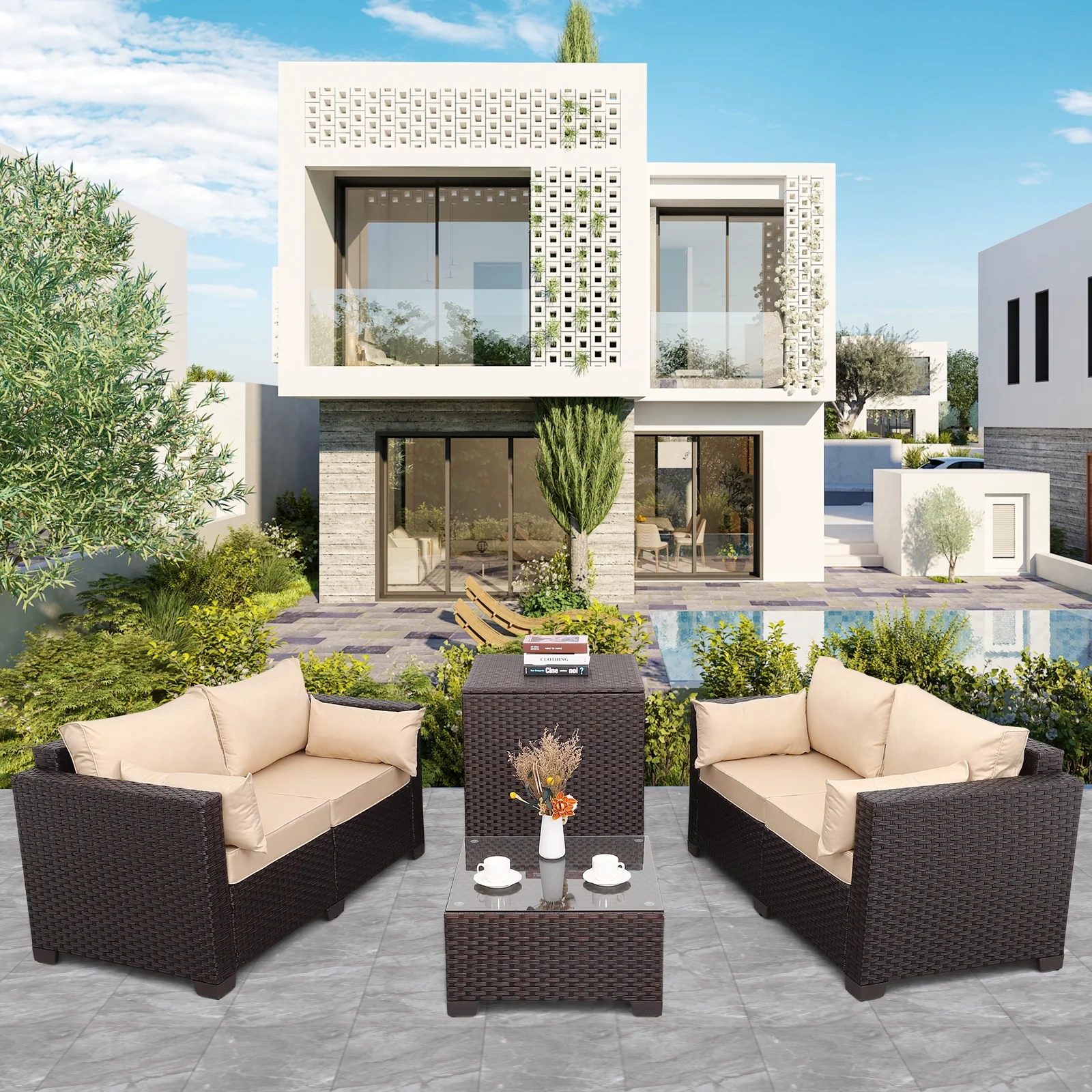 Waroom 4 Pieces Outdoor Furniture Set Patio Loveseats Sofa Set with Storage Box and Glass Coffee Table, Brown Wicker Khaki Cushions