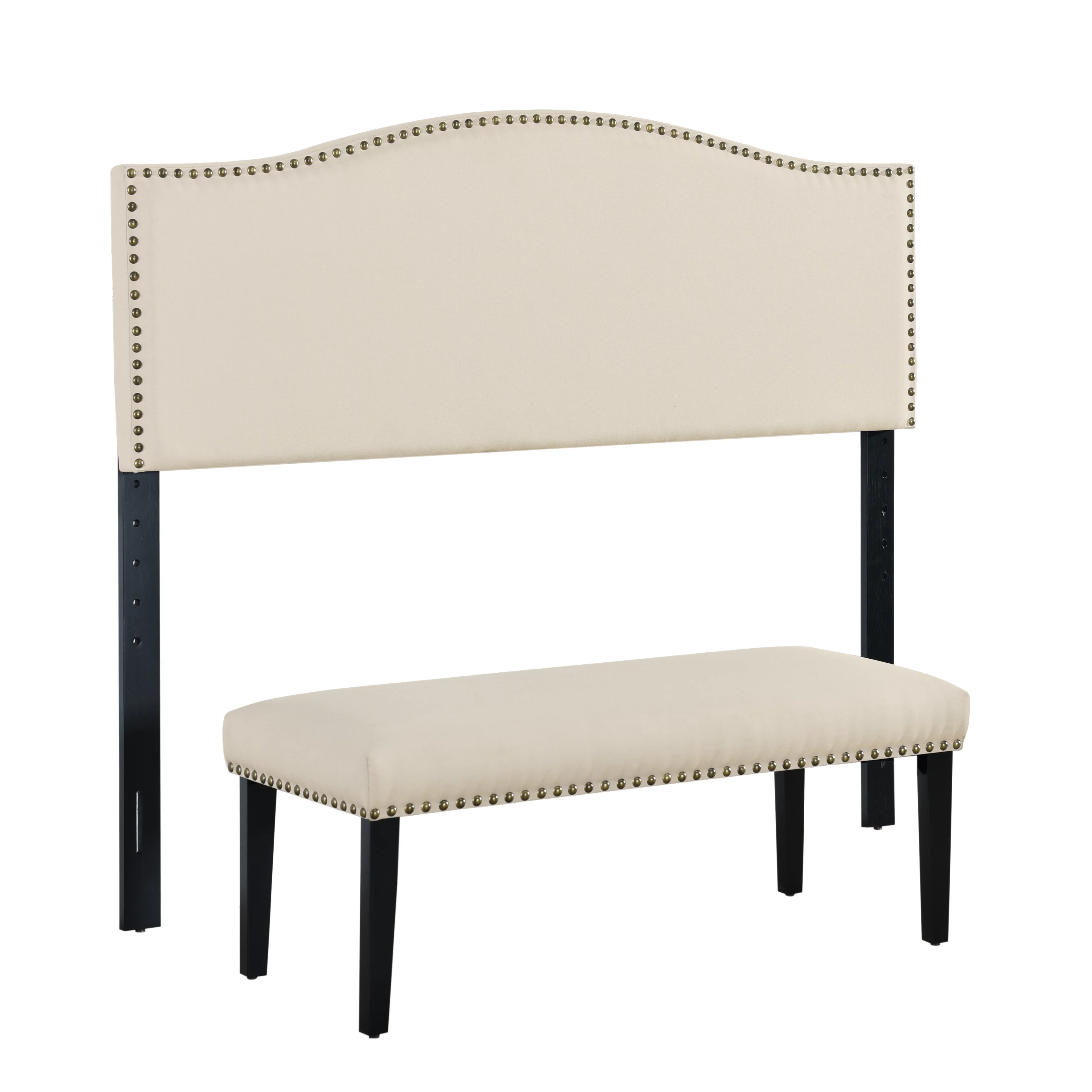 Nailhead Trim Headboard and Bench Set in Linen Fabric