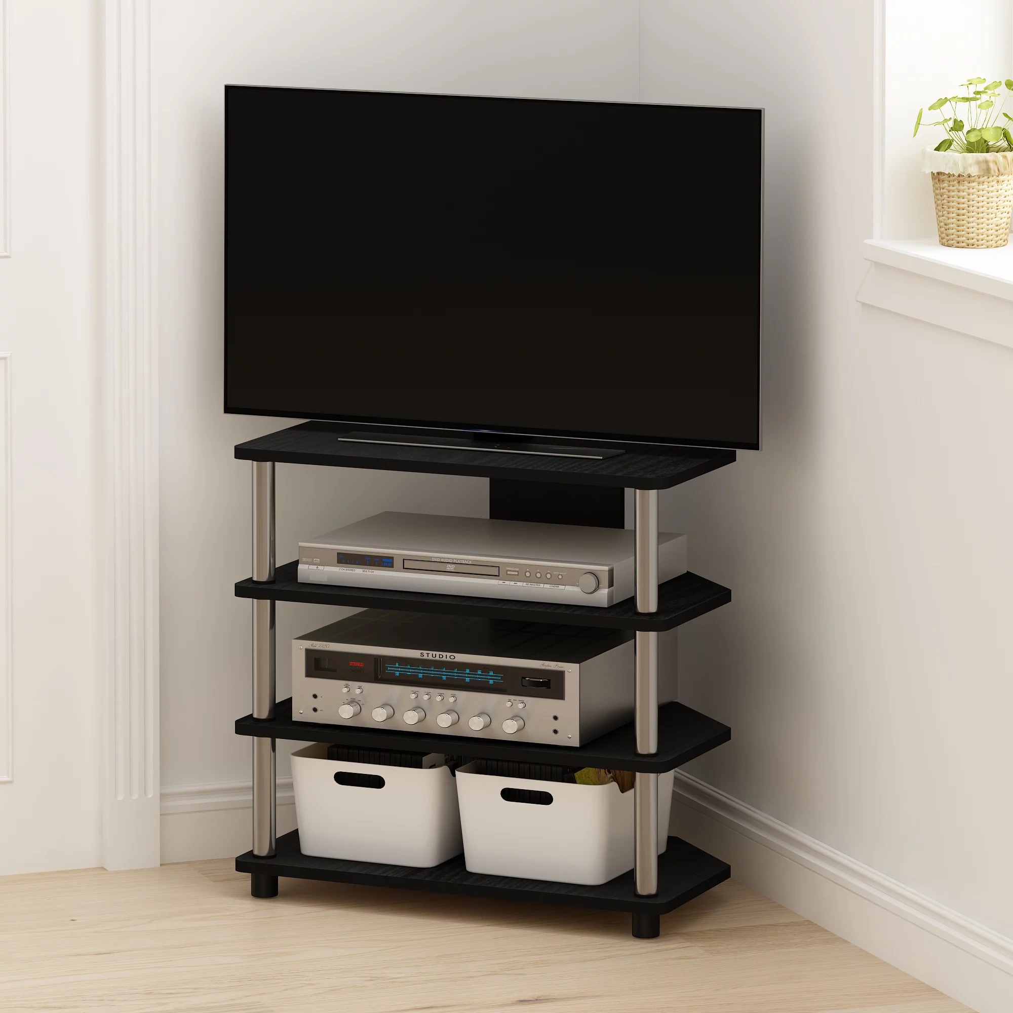 Furinno Econ Easy Assembly 4-Tier Petite TV Stand, Americano, Stainless Steel Tubes