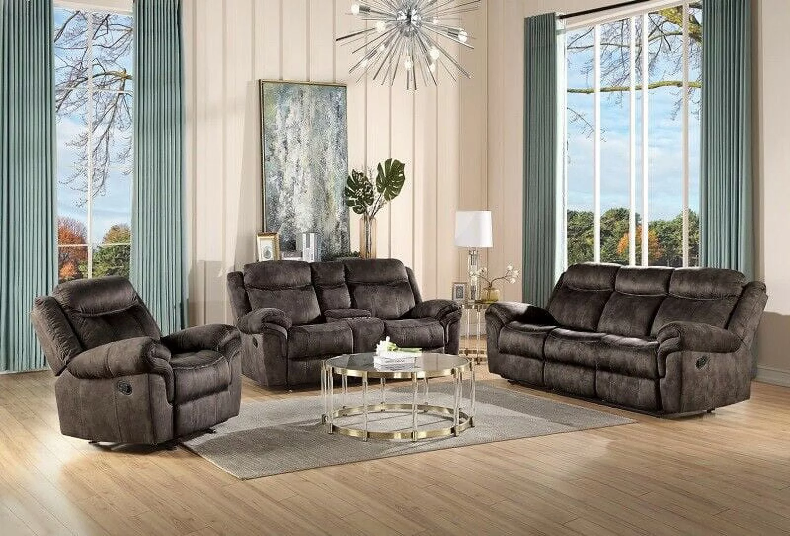 Contemporary Style 2pc Motion Sofa Set Chocolate Velvet Living Room Furniture