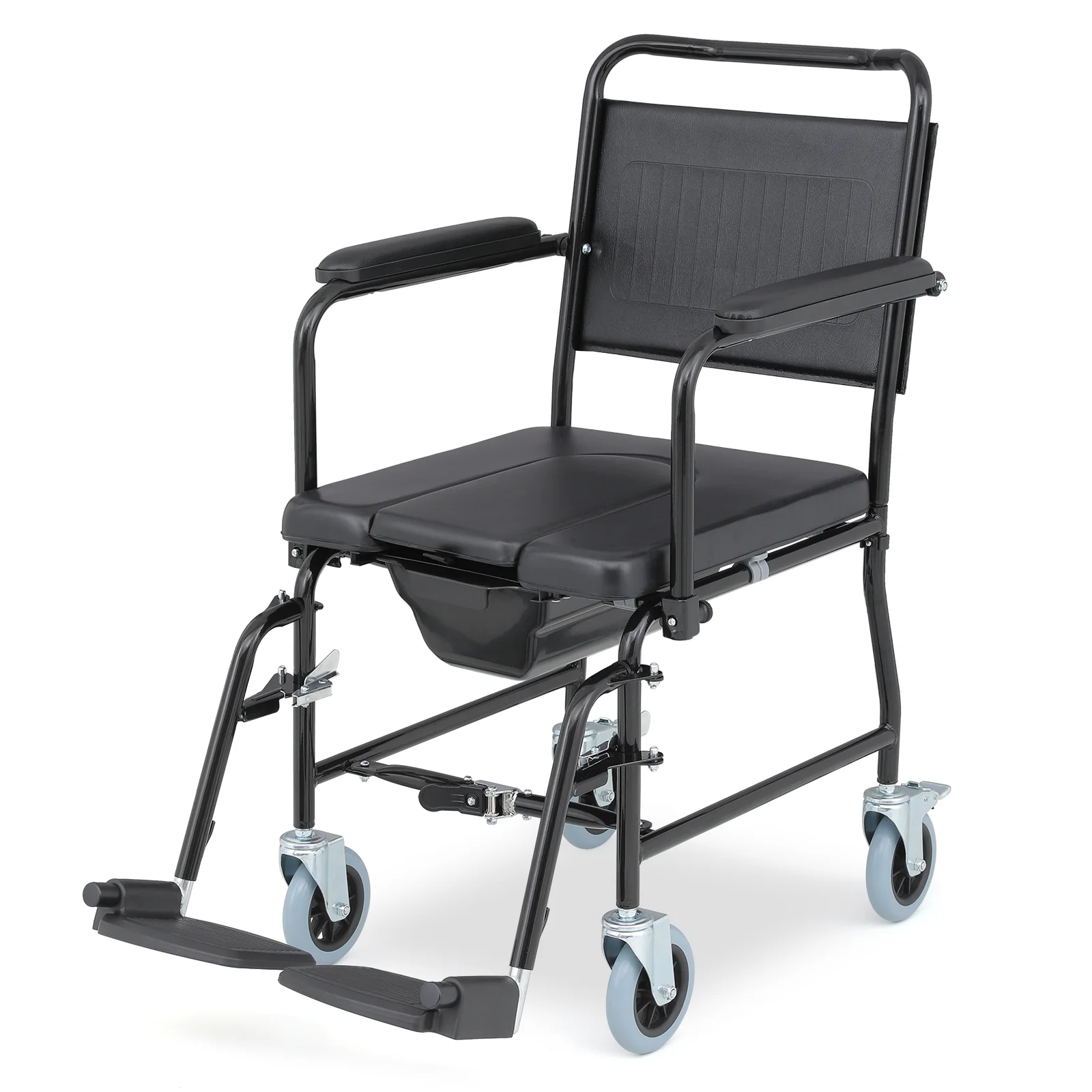 Magshion Multi-Function Transport Commode Chair with Flips Up Armrests and 2 Locking Wheels, Up To 220 lbs