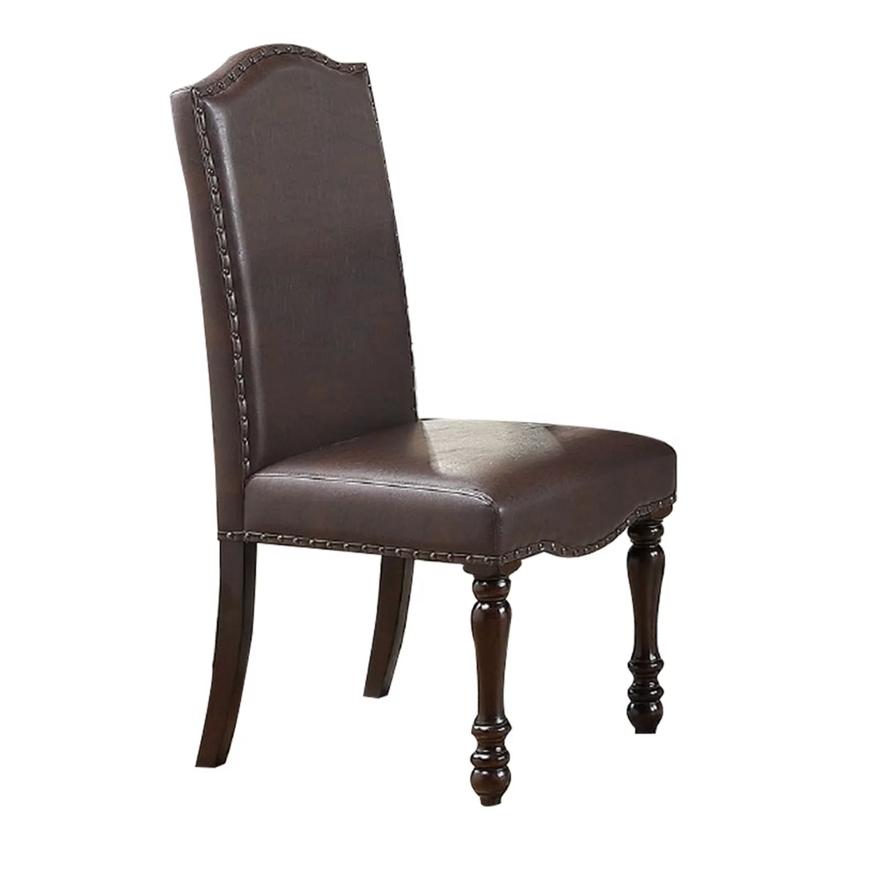 Nailhead Trim Faux Leather Dining Chair with Turned Legs, Set of 2, Brown- Saltoro Sherpi