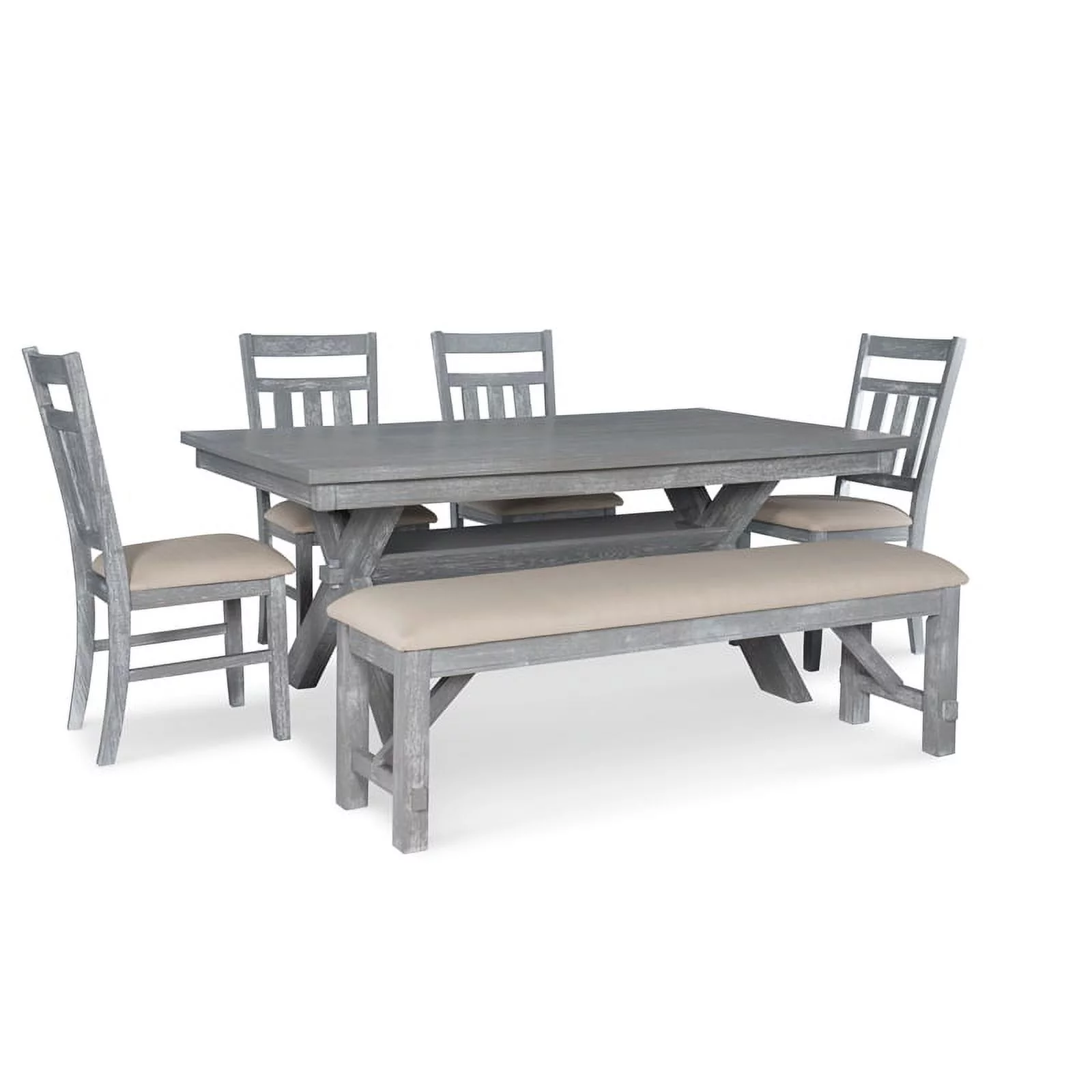 Turino Farmhouse 6-Piece Dining Set, Weathered Gray Base with Tan Fabric