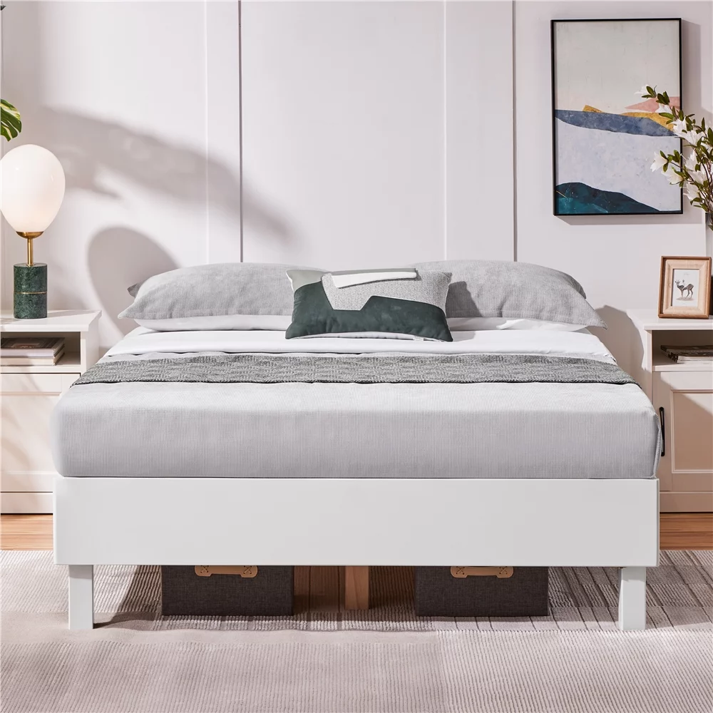 Easyfashion 14''H Platform Bed Frame with Wooden Slats, Queen, White