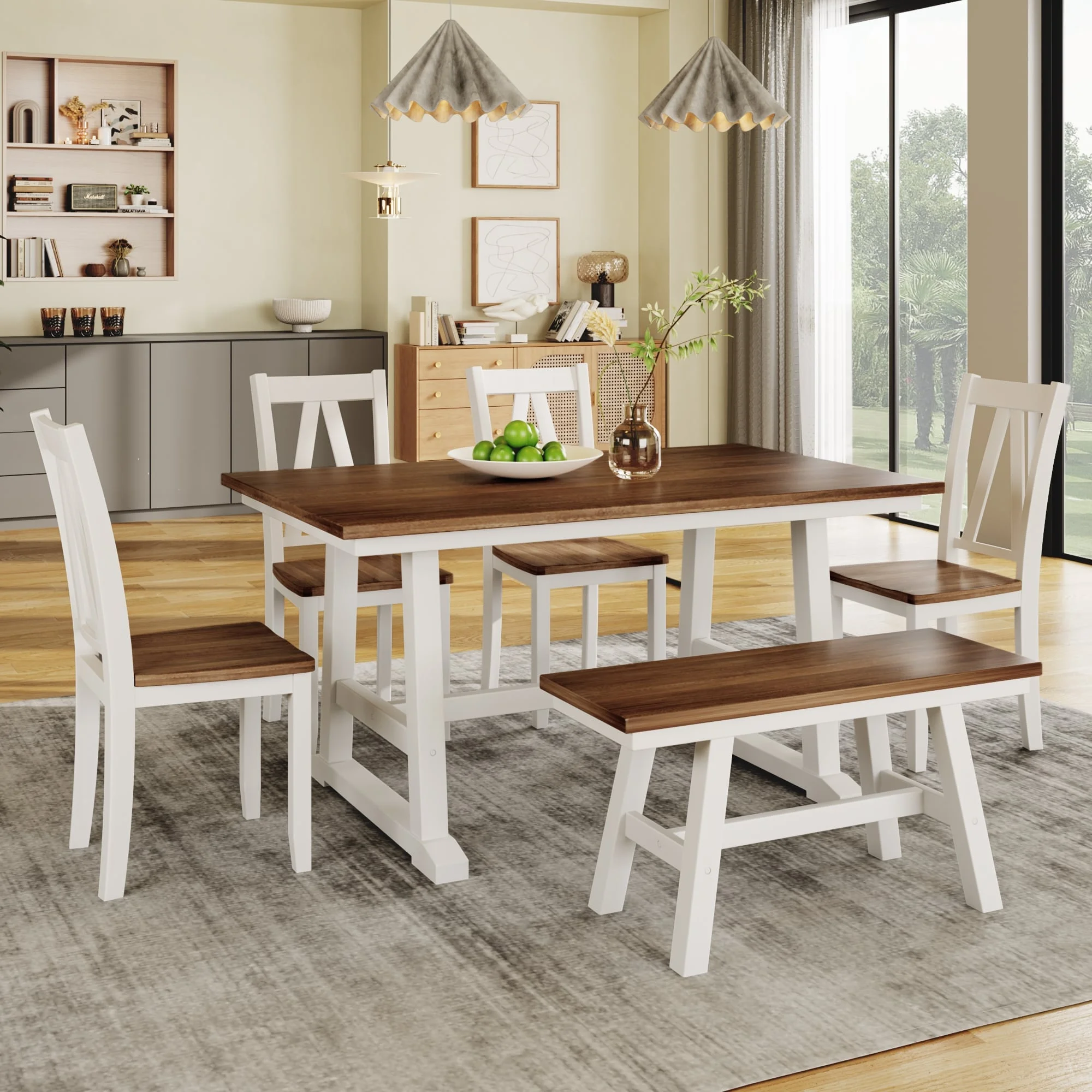 6-Piece Wood Dining Table Set with Bench and Chairs, Farmhouse Style White